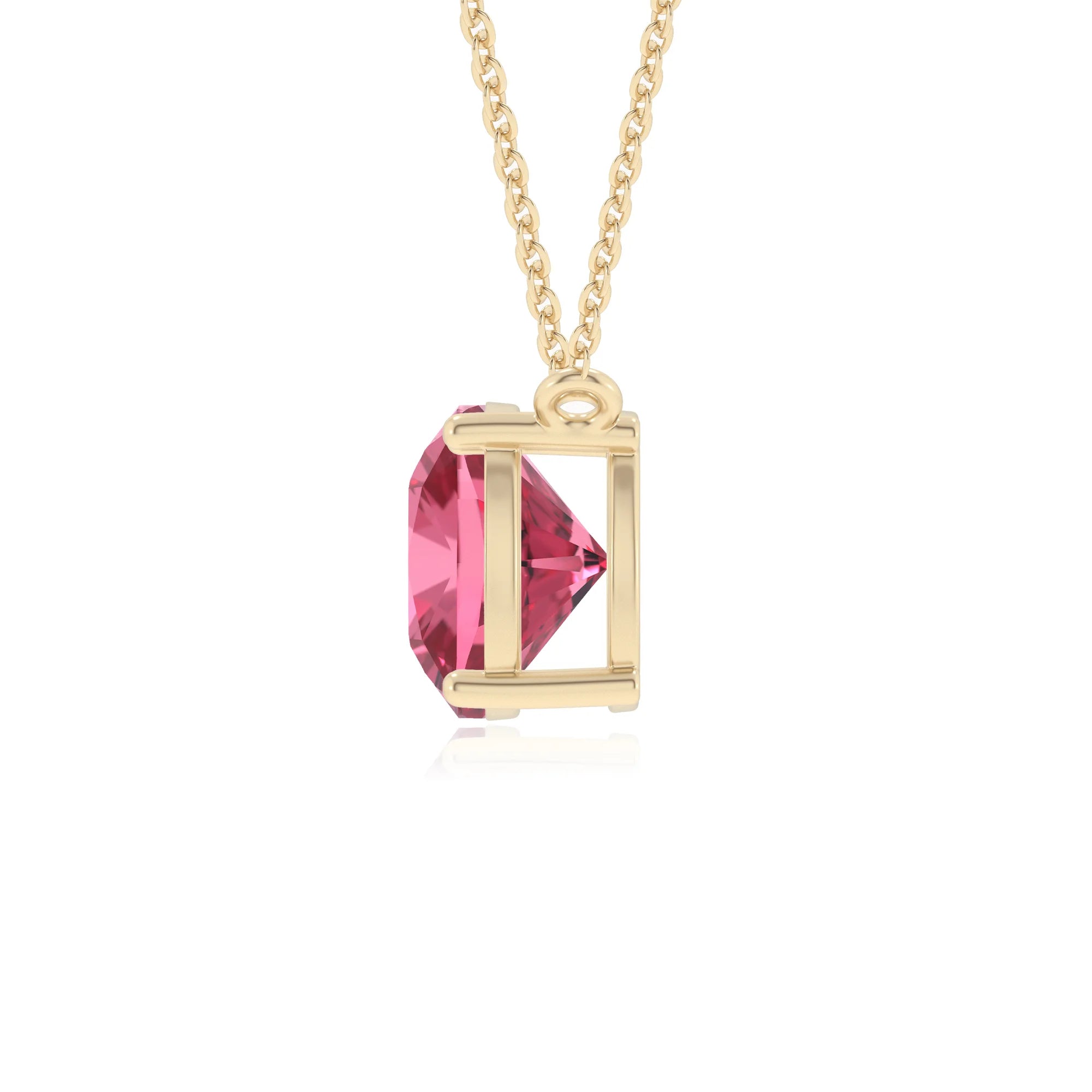 lab grown pink-tourmaline cushion solitaire necklaces in yellow gold 