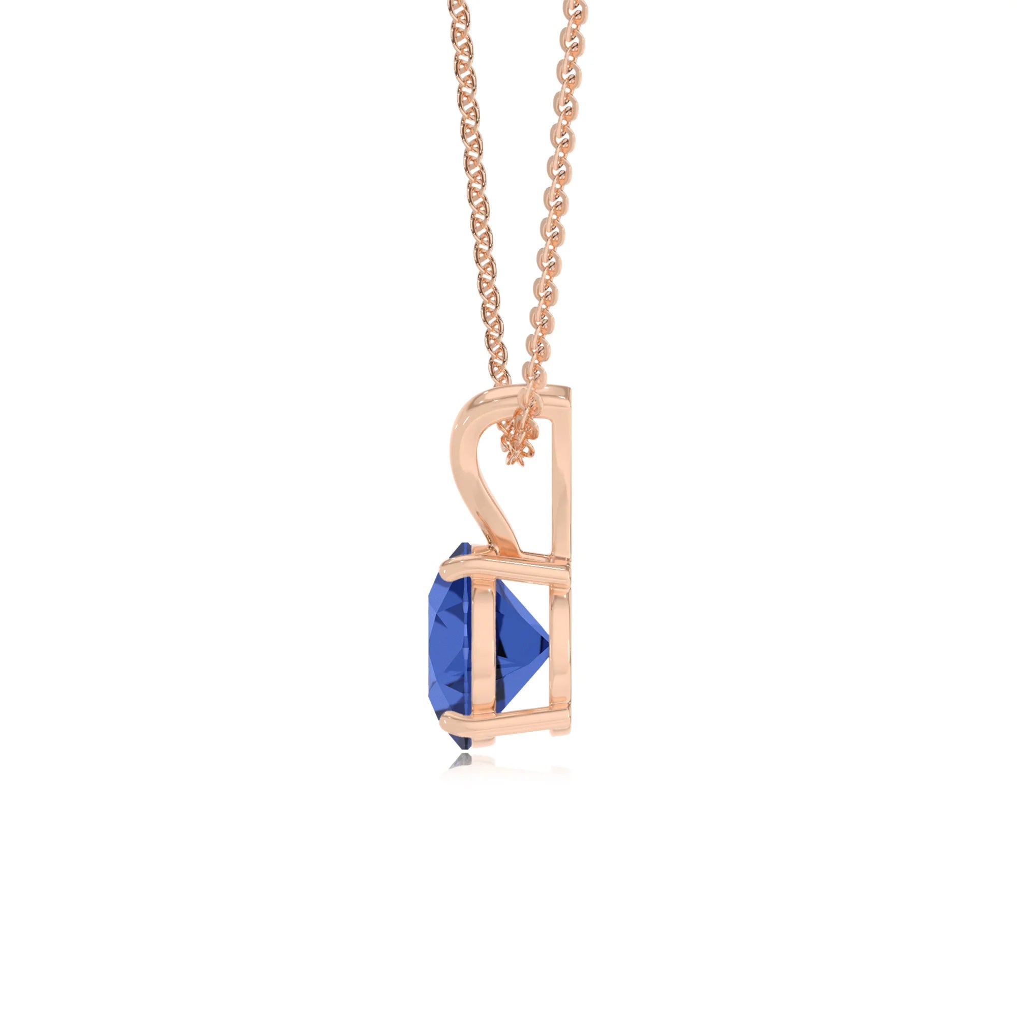 lab grown blue-sapphire round solitaire v-bale necklaces in rose gold 