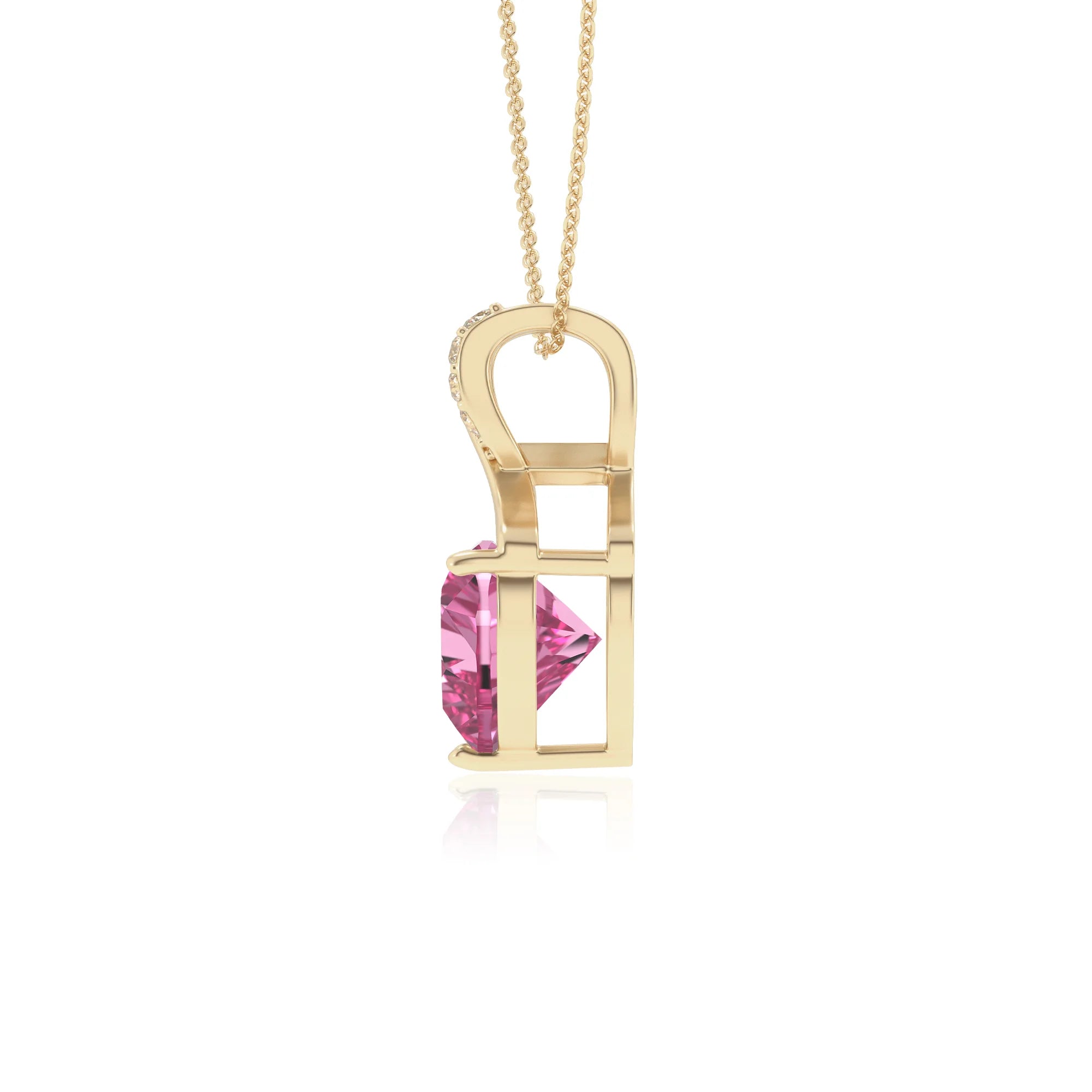 lab grown pink-sapphire heart solitaire necklaces in yellow gold 
