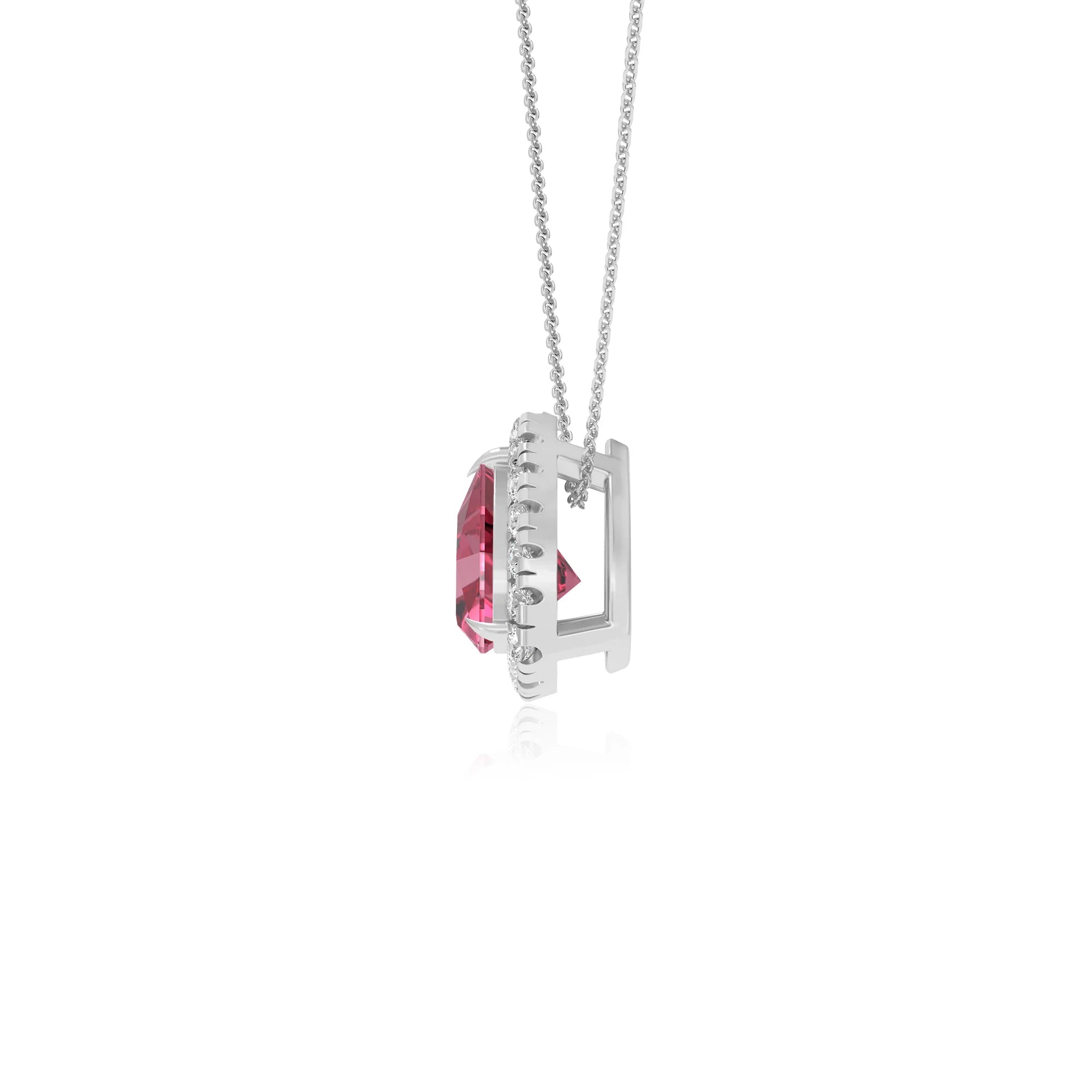 lab grown pink tourmaline trillion solitaire necklaces in white gold 