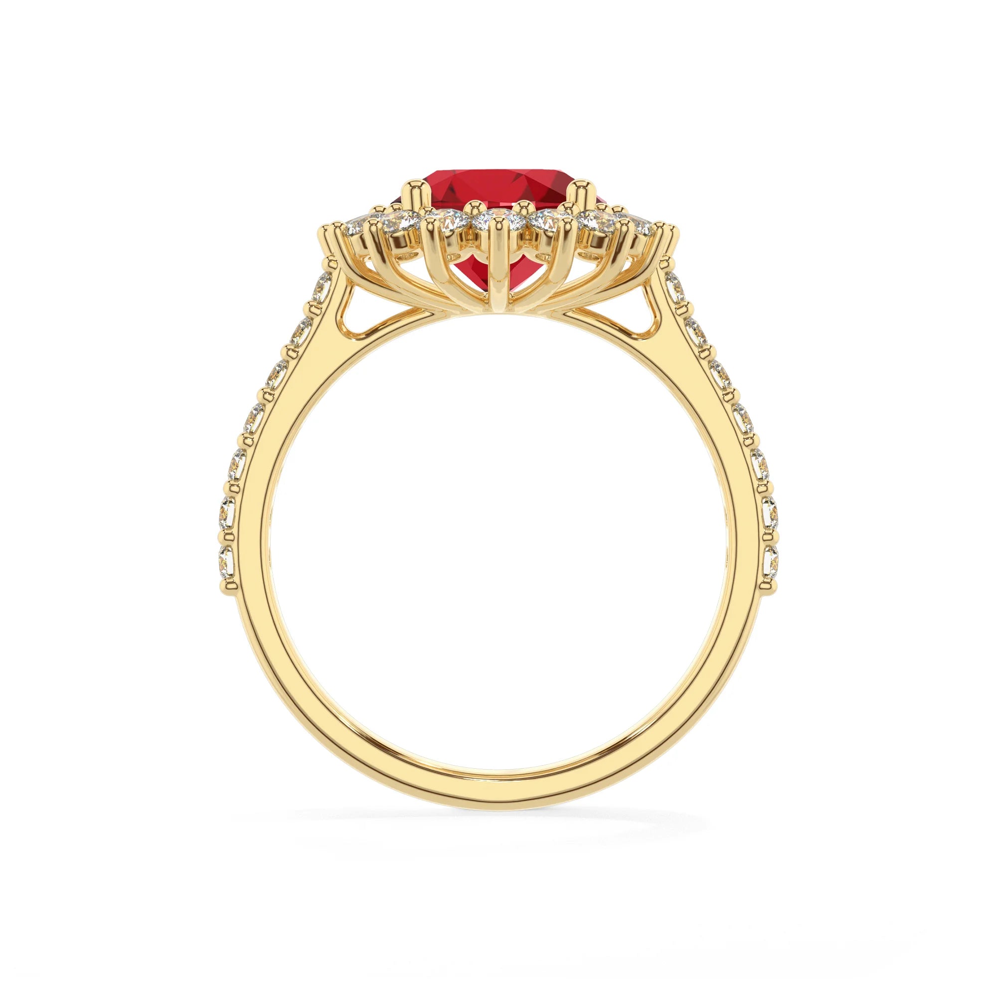 lab grown ruby round solitaire rings in yellow gold 