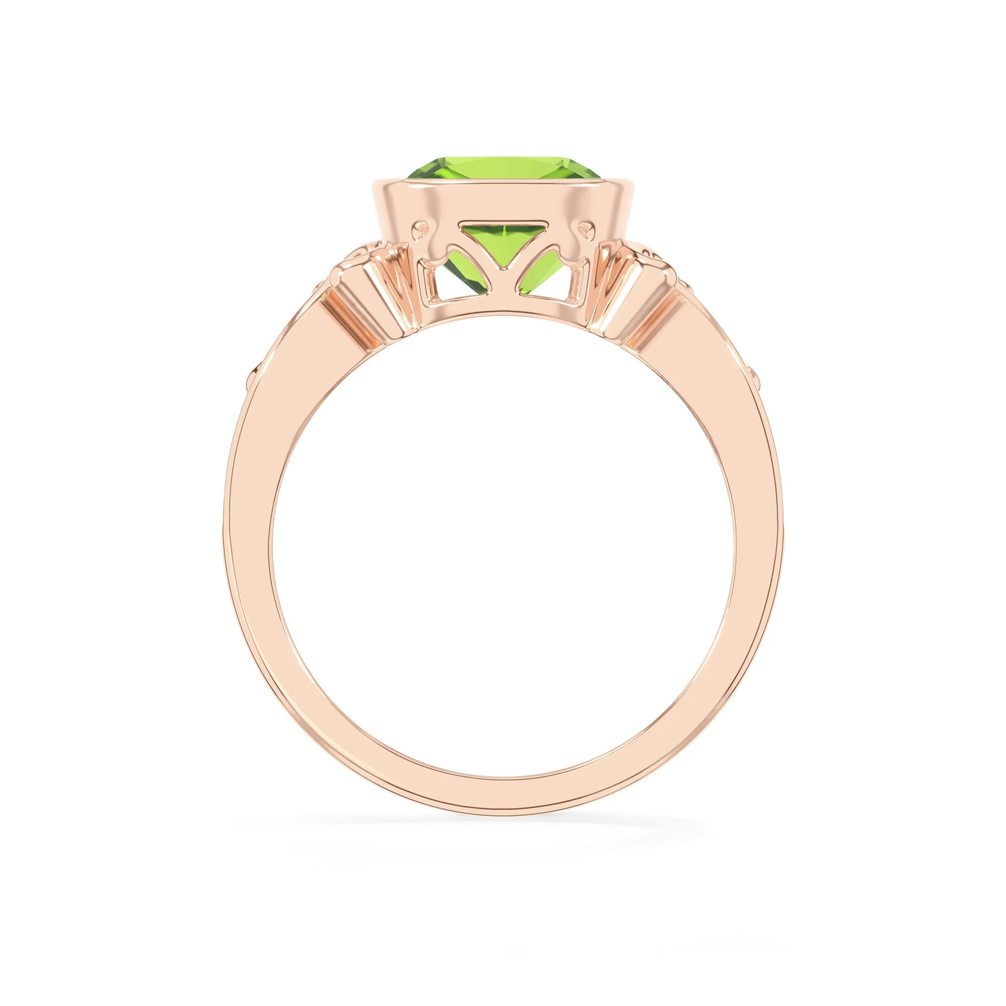 natural peridot cushion solitaire rings in rose gold 