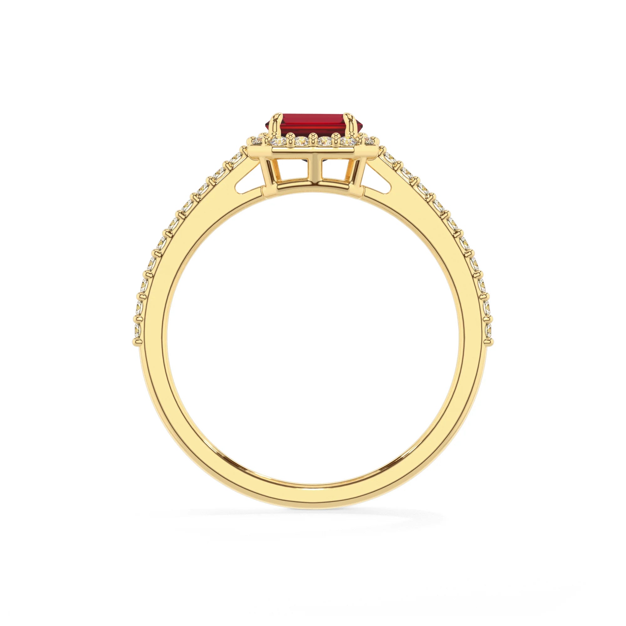 lab grown ruby emerald cut solitaire rings in yellow gold 