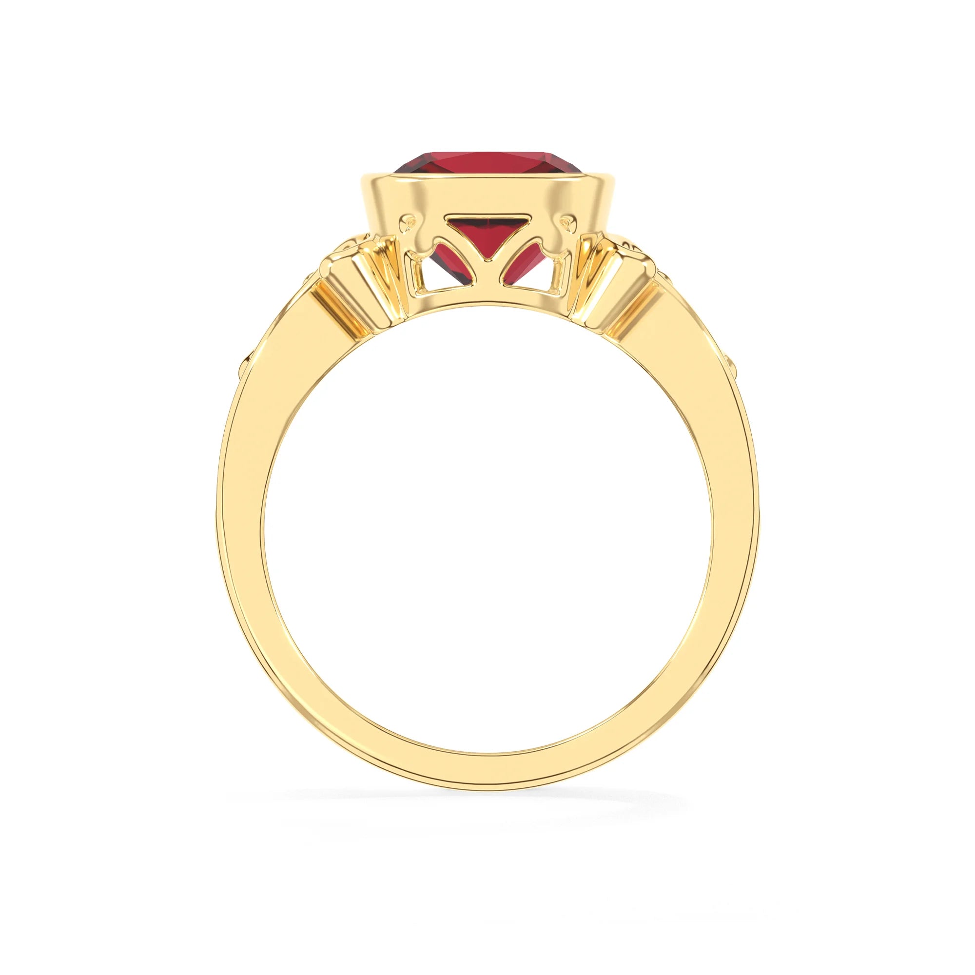 lab grown ruby cushion solitaire rings in yellow gold 