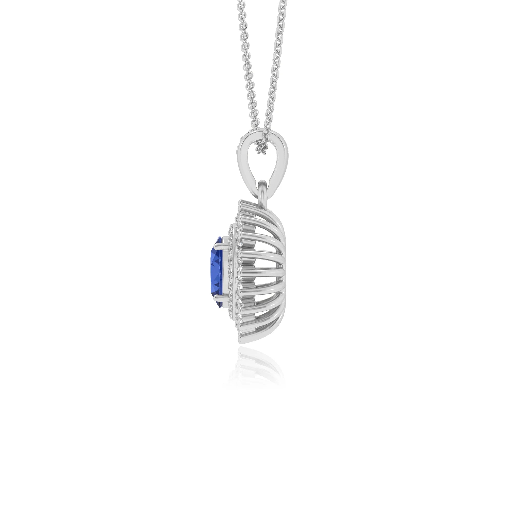 lab grown blue-sapphire oval halo necklaces in platinum 