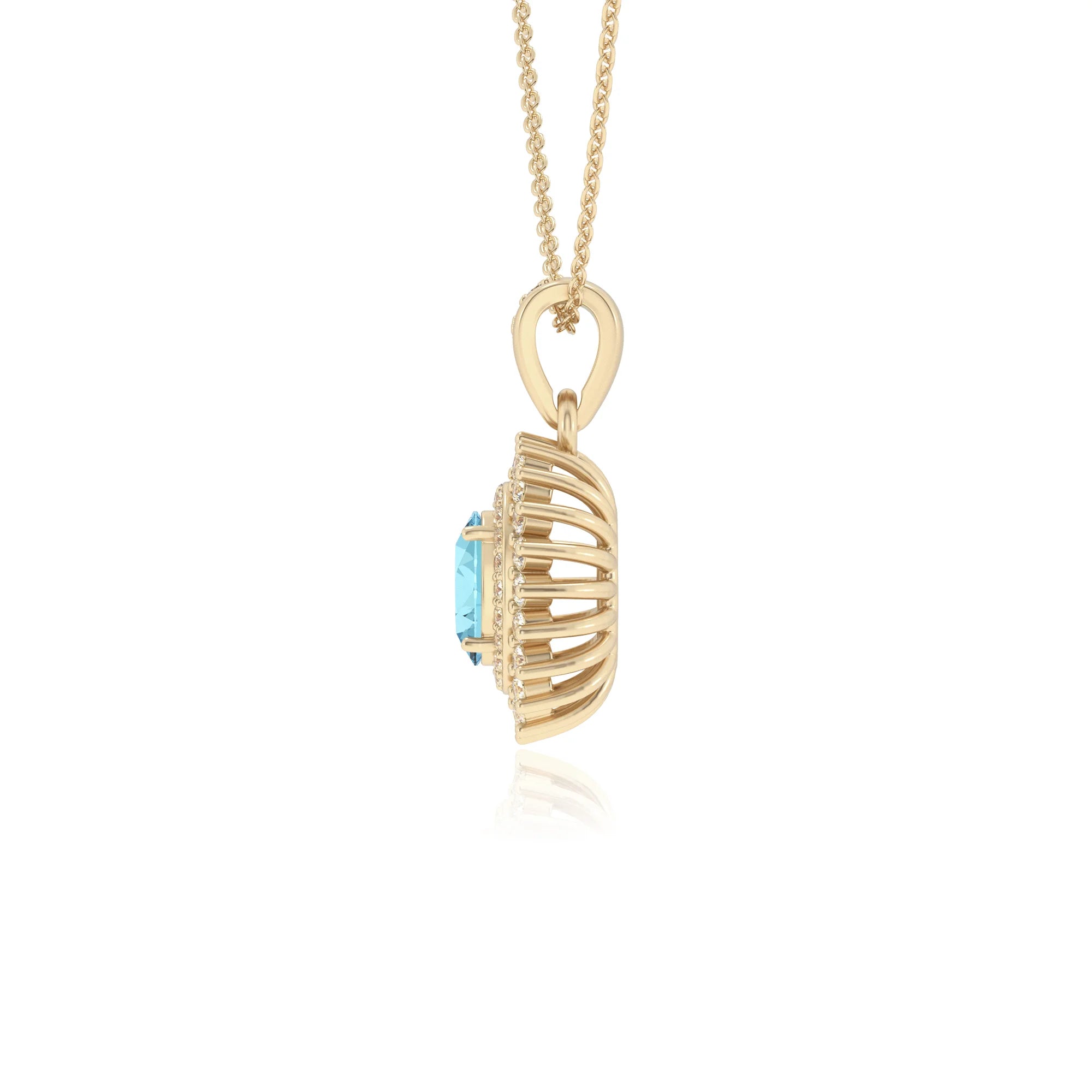 lab grown aquamarine oval halo necklaces in yellow gold 