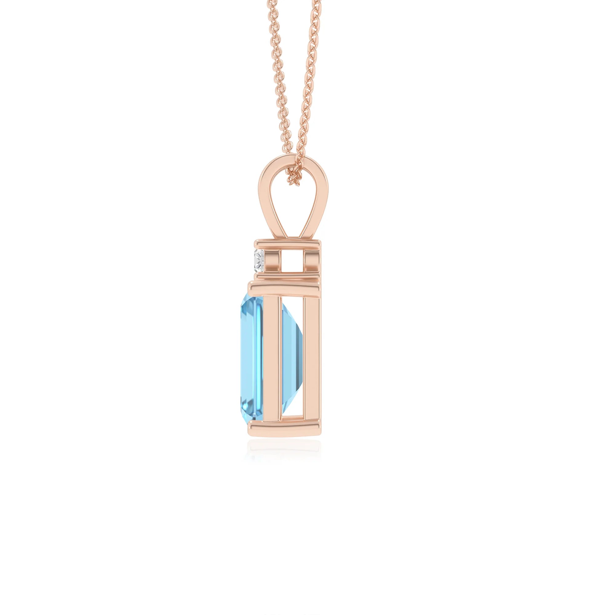 natural swiss-blue-topaz emerald cut solitaire v-bale necklaces in rose gold 