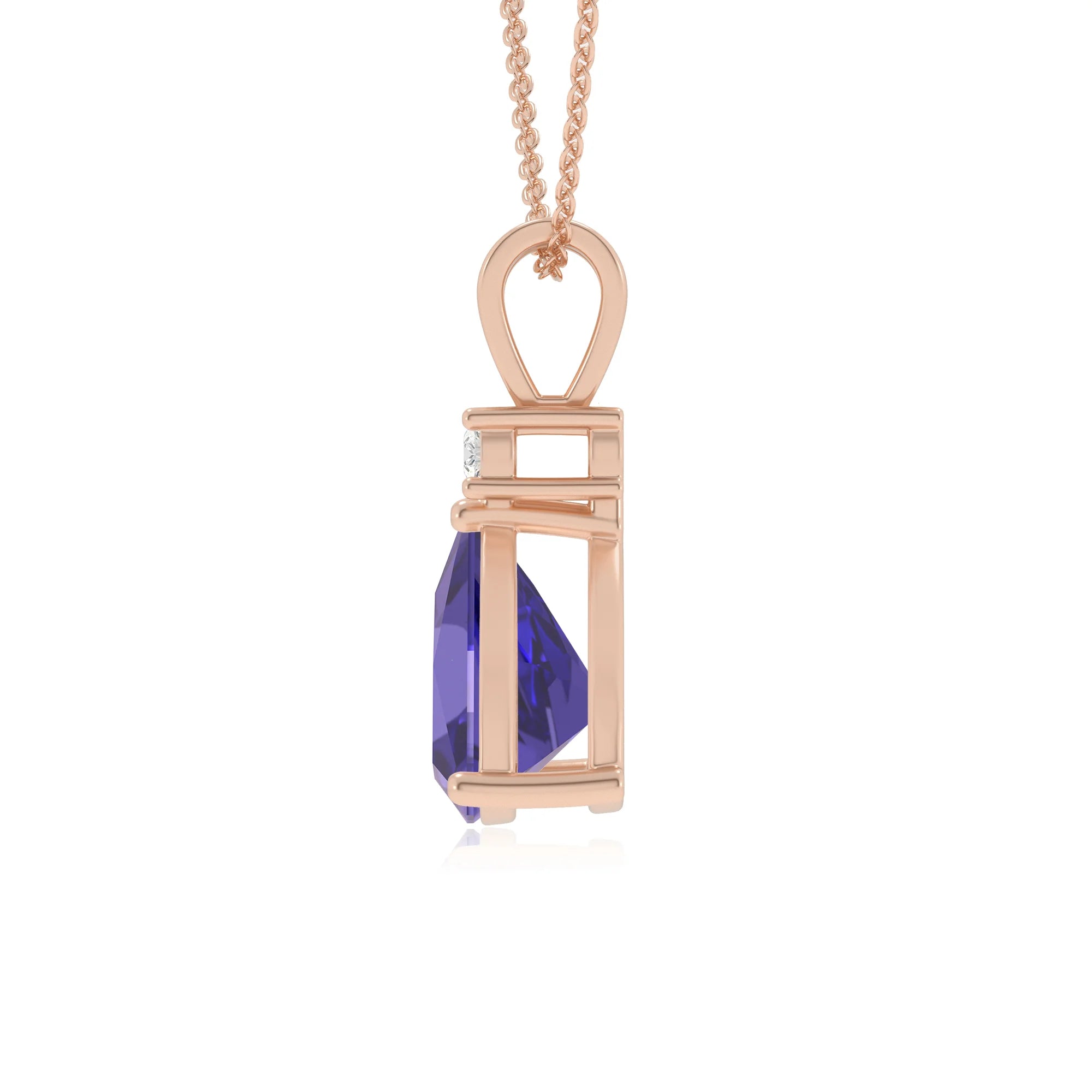 lab grown tanzanite trillion solitaire v-bale necklaces in rose gold 