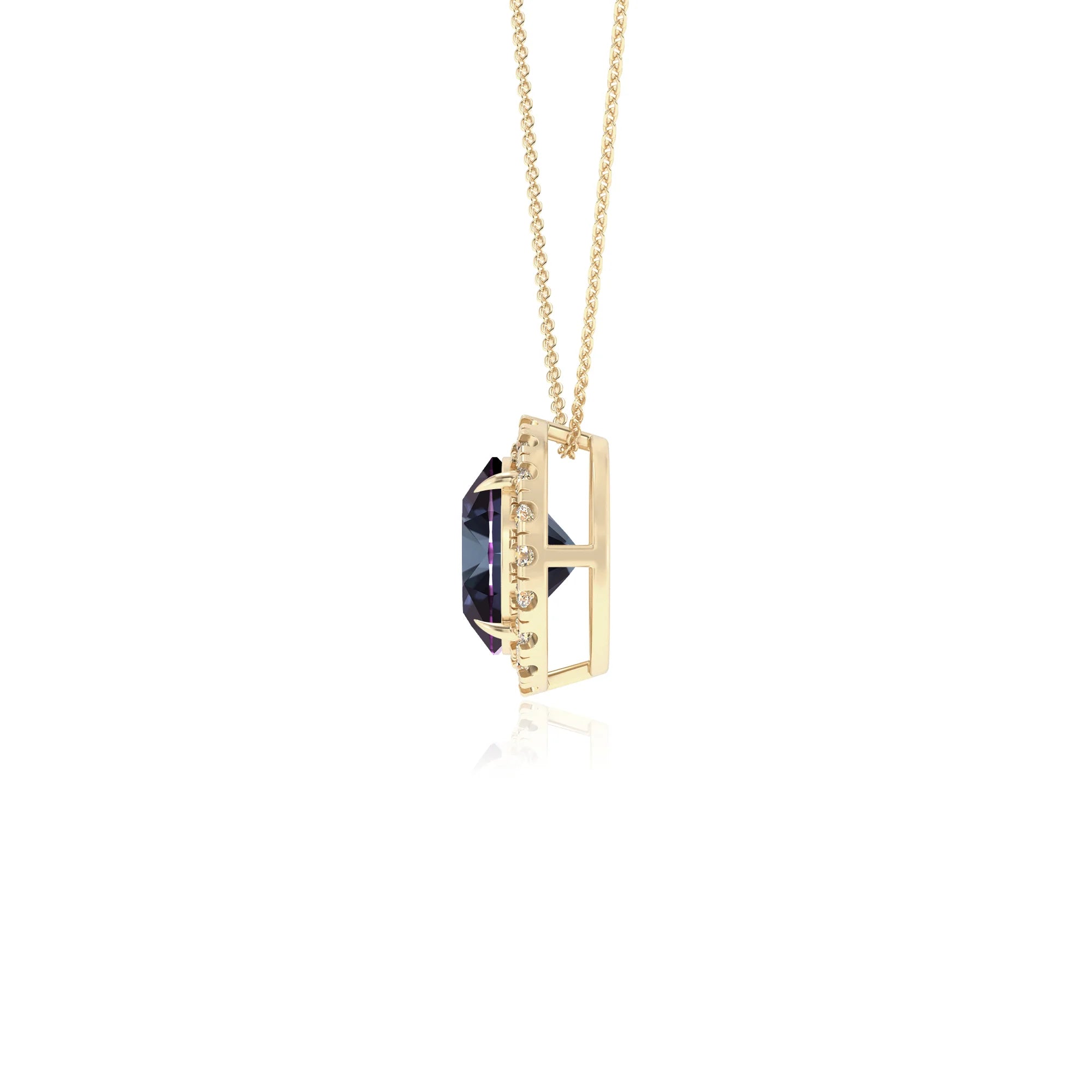 lab grown alexandrite round solitaire necklaces in yellow gold 