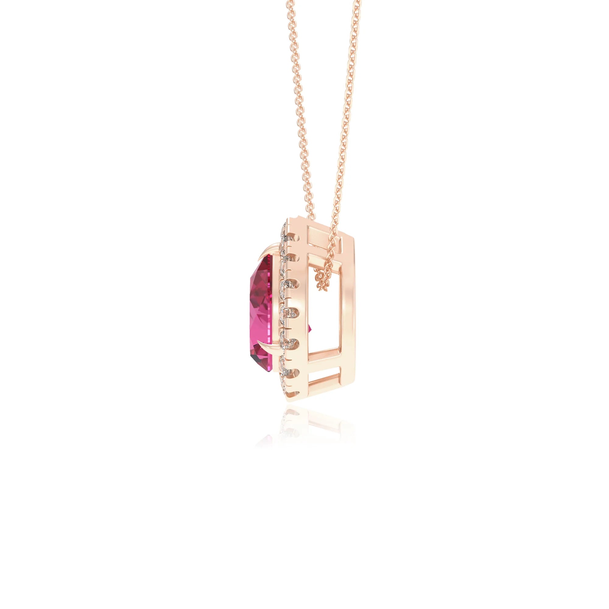 lab grown pink sapphire pear solitaire necklaces in rose gold 