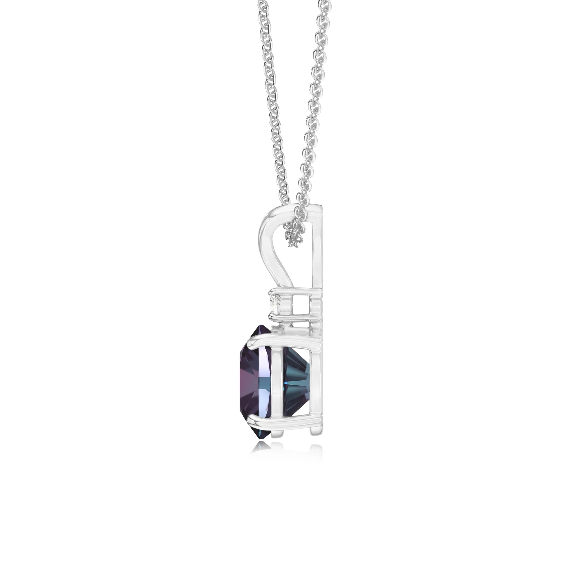 lab grown alexandrite cushion solitaire v-bale necklaces in white gold 