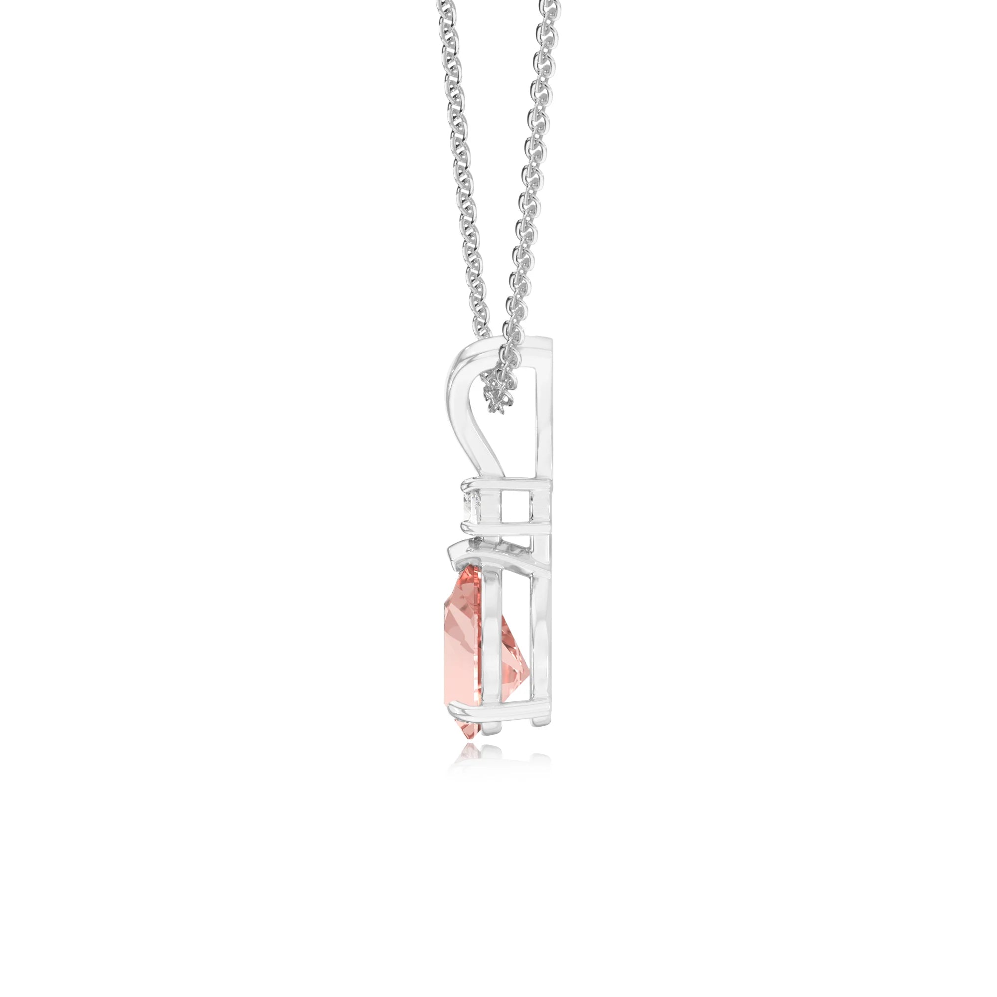 lab grown morganite pear solitaire v-bale necklaces in white gold 