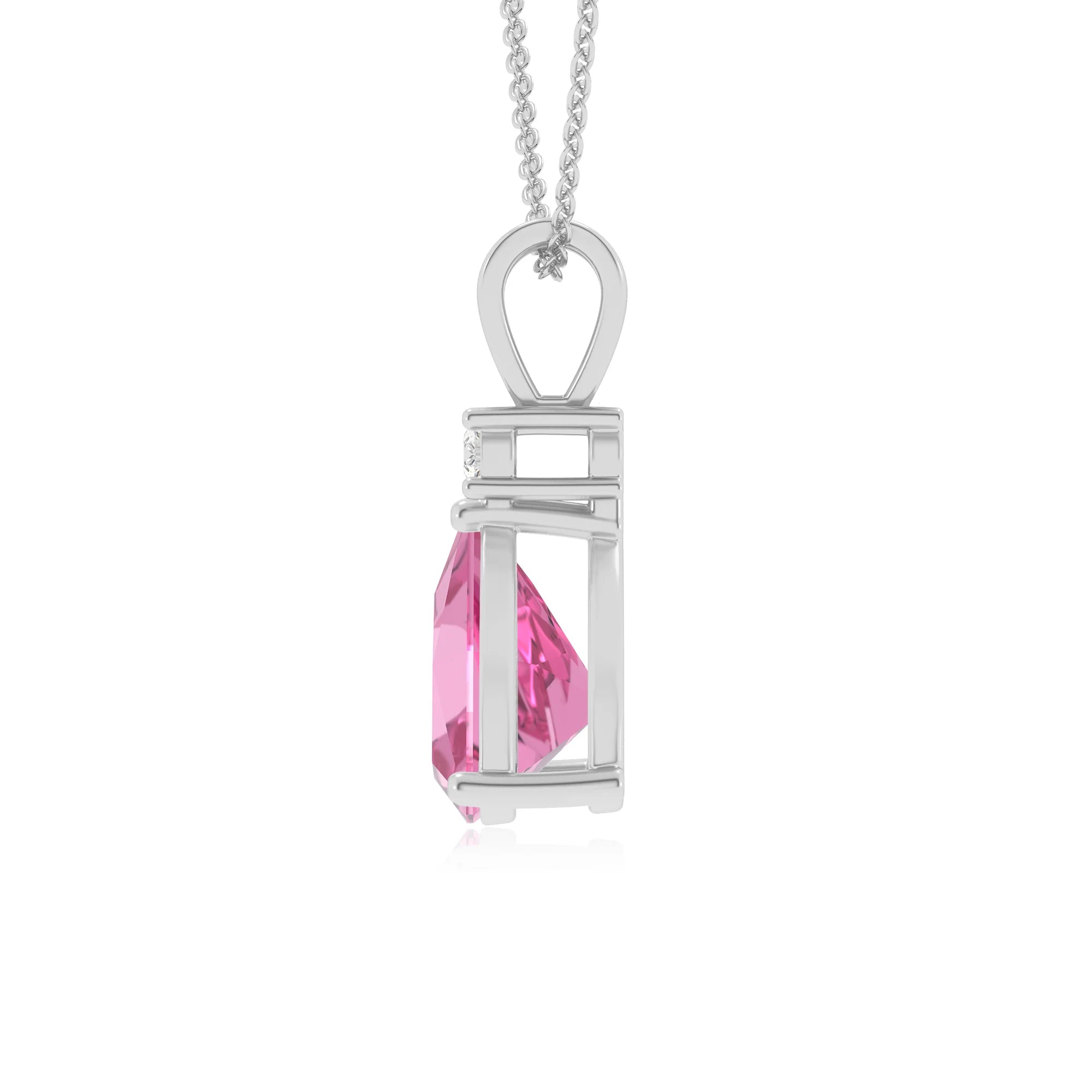 lab grown pink-sapphire trillion solitaire v-bale necklaces in white gold 