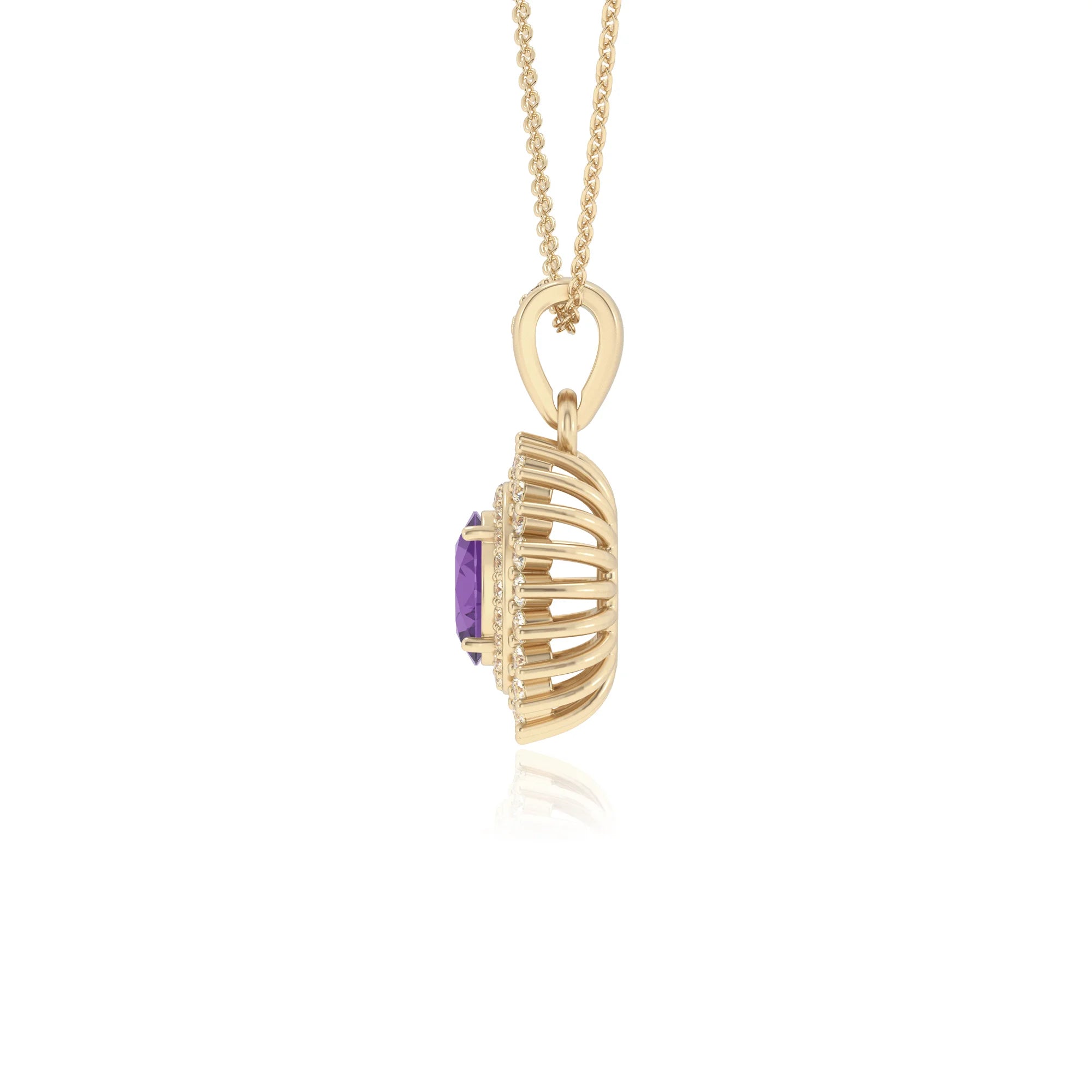 lab grown amethyst oval halo necklaces in yellow gold 