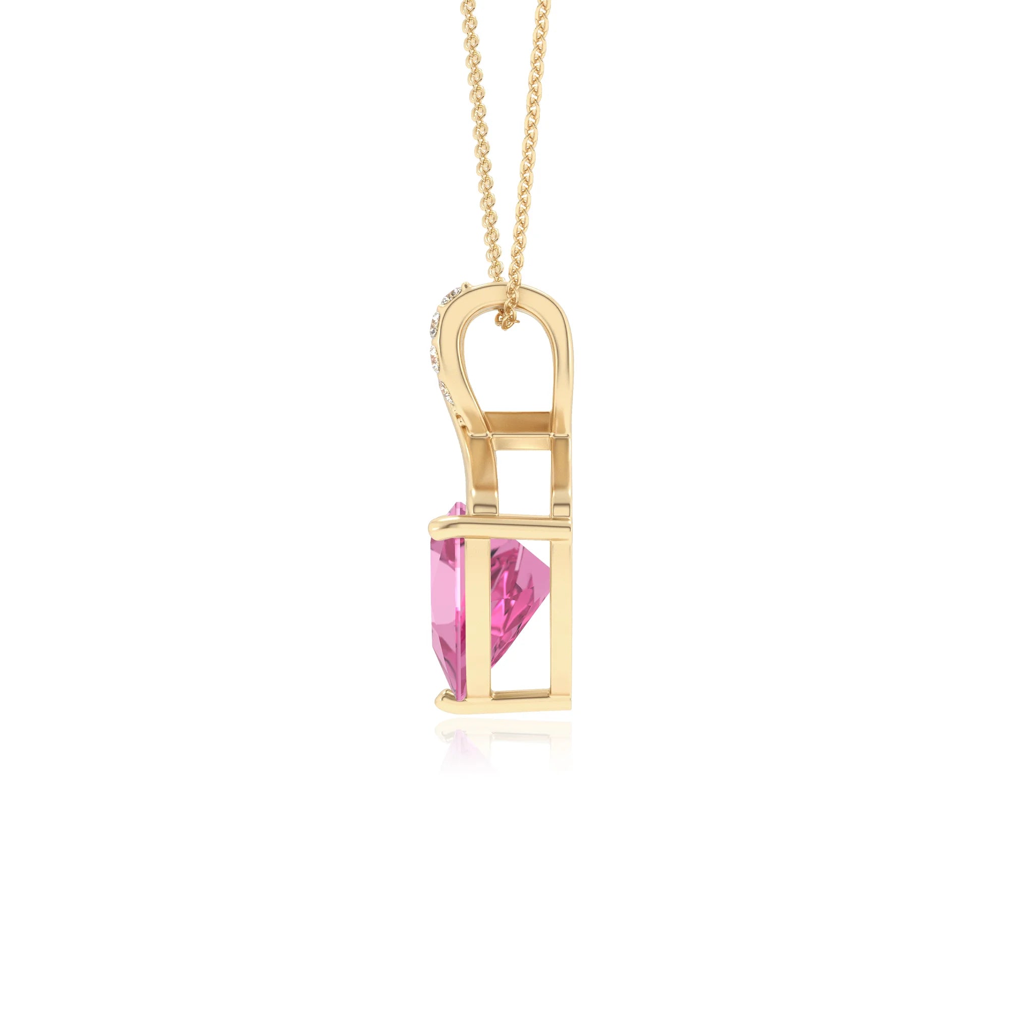 lab grown pink-sapphire trillion solitaire necklaces in yellow gold 