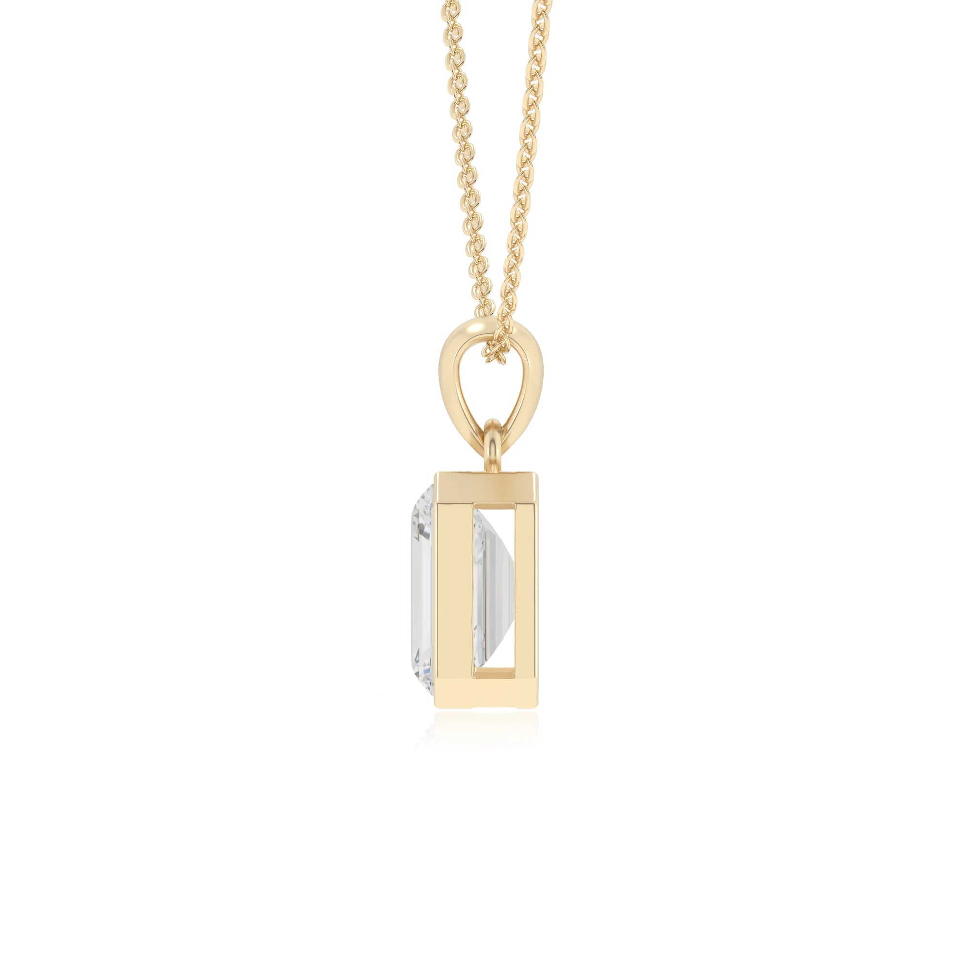 lab grown moissanite emerald cut solitaire necklaces in yellow gold 