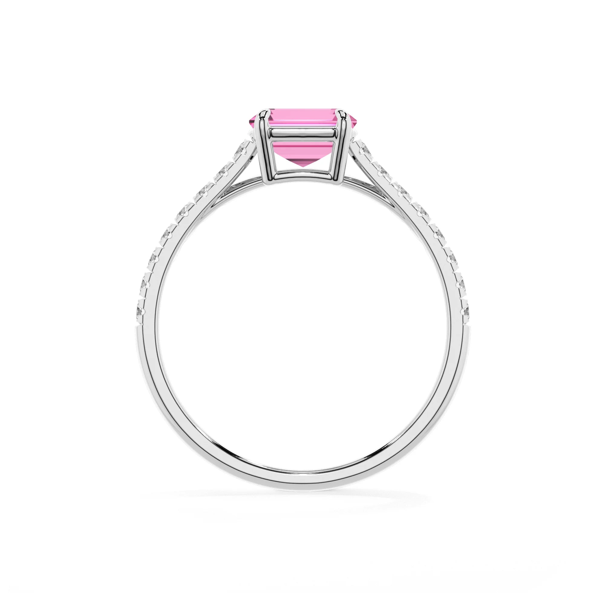 lab grown pink-sapphire emerald cut half eternity solitaire engagement rings in sterling silver 