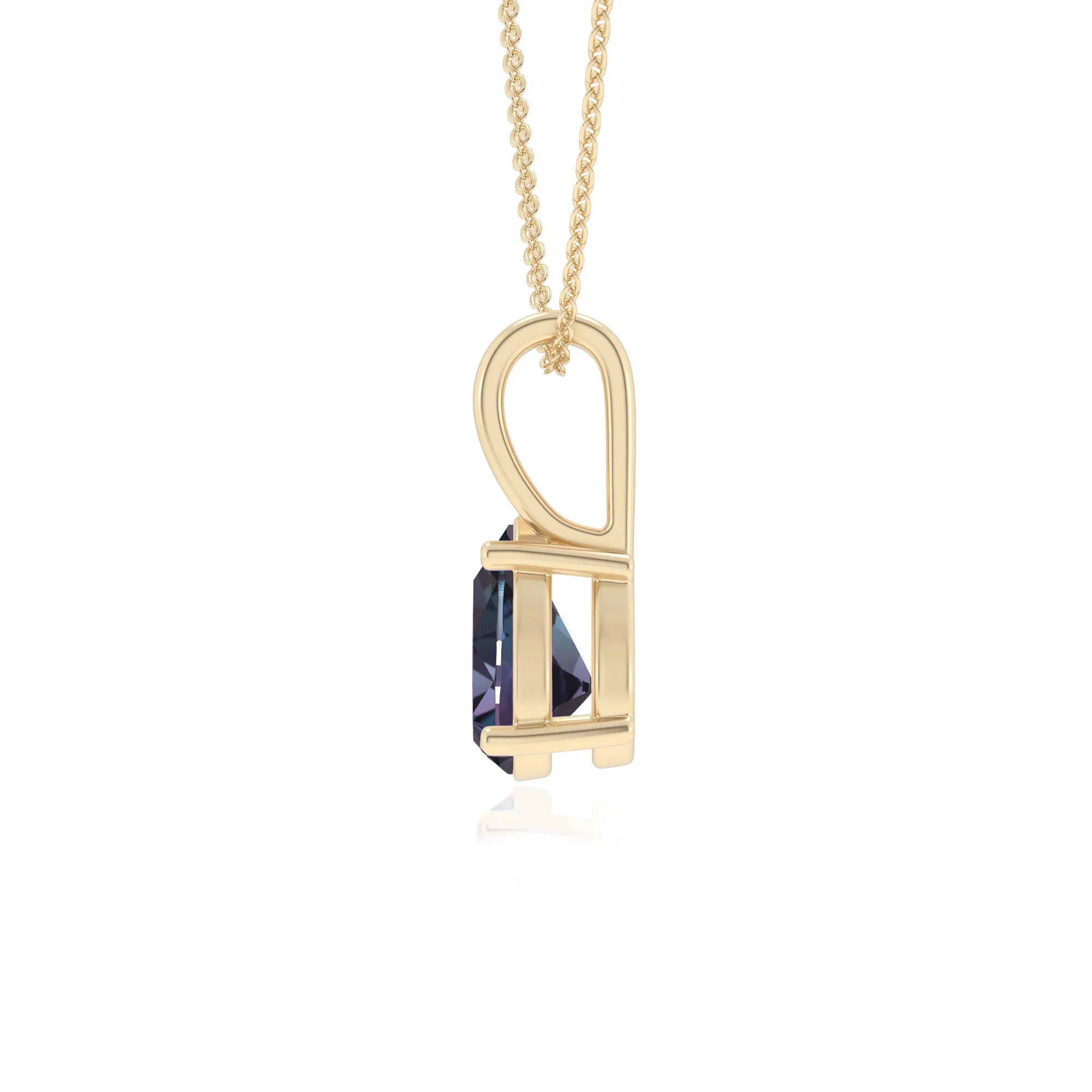 lab grown alexandrite pear solitaire necklaces in yellow gold 