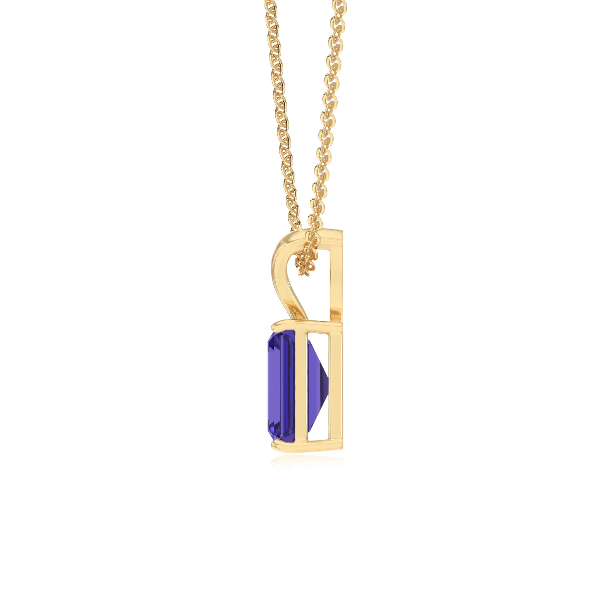 lab grown tanzanite emerald cut solitaire v-bale necklaces in yellow gold 