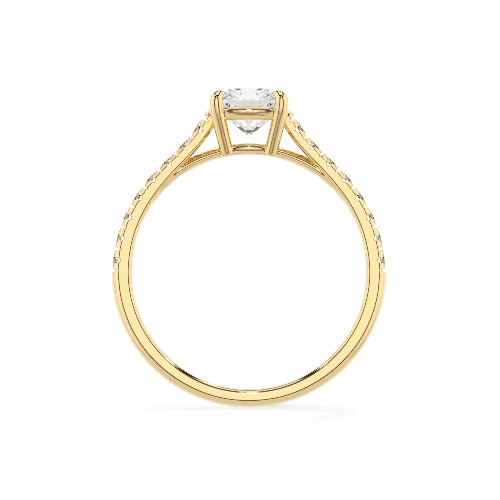 lab grown moissanite cushion half eternity solitaire engagement rings in yellow gold 