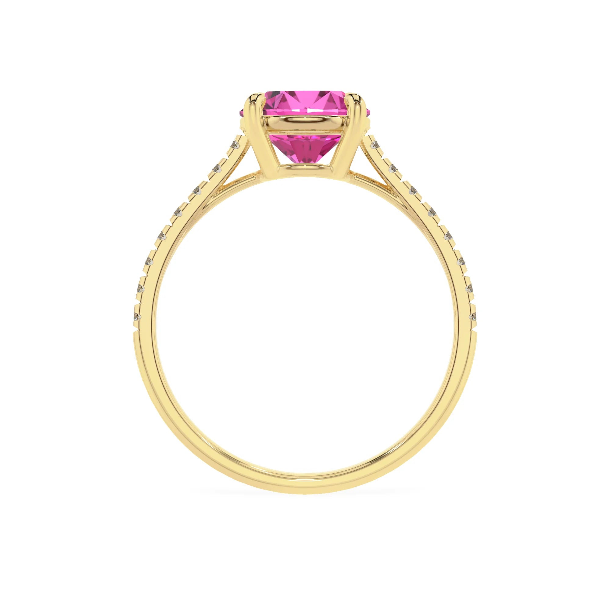 lab grown pink-sapphire round half eternity solitaire engagement rings in yellow gold 