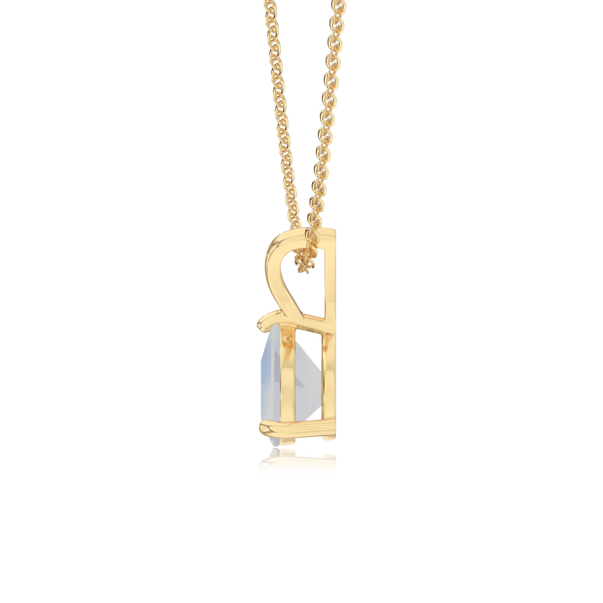 natural rainbow-moonstone trillion solitaire v-bale necklaces in yellow gold 