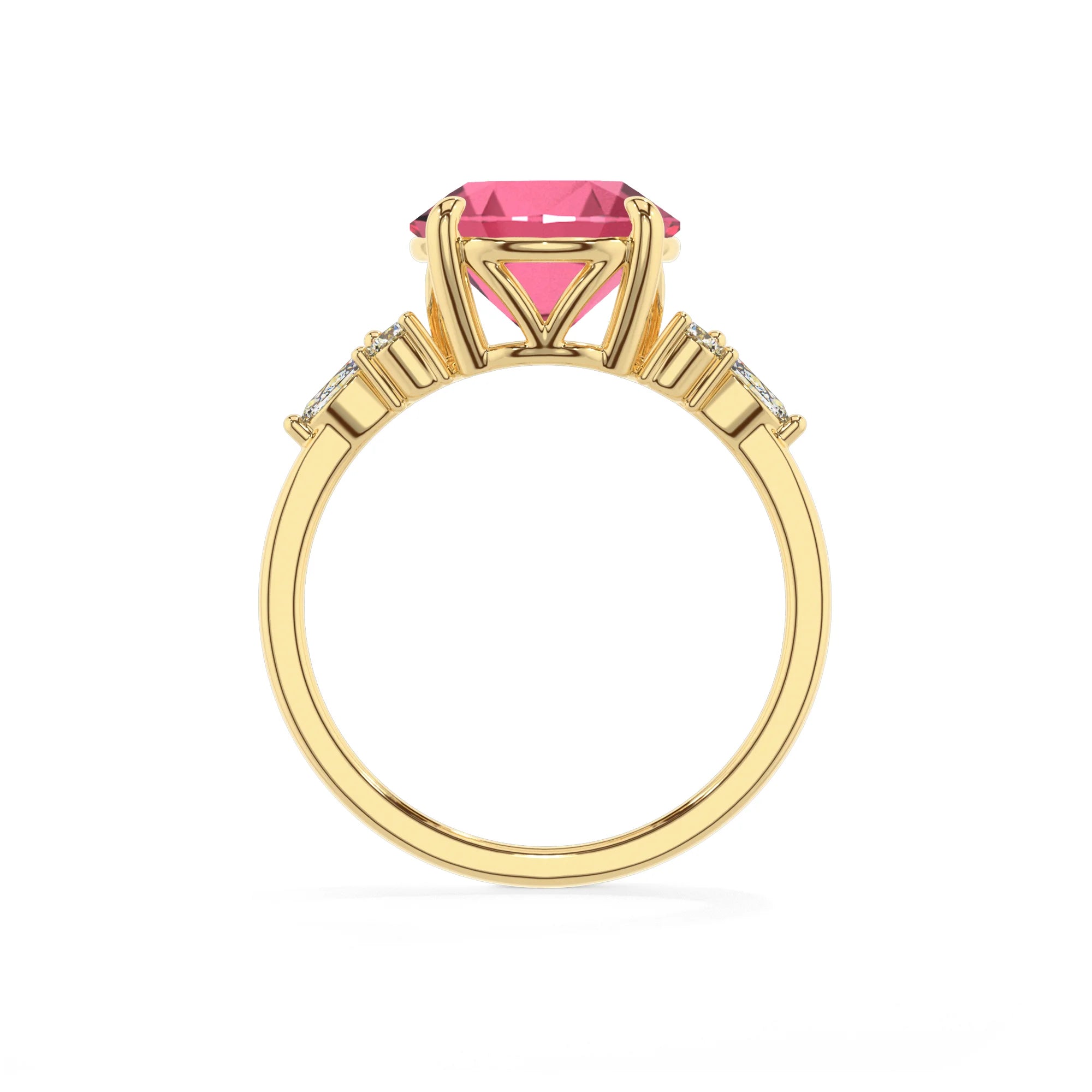 lab grown pink-tourmaline round solitaire rings in yellow gold 