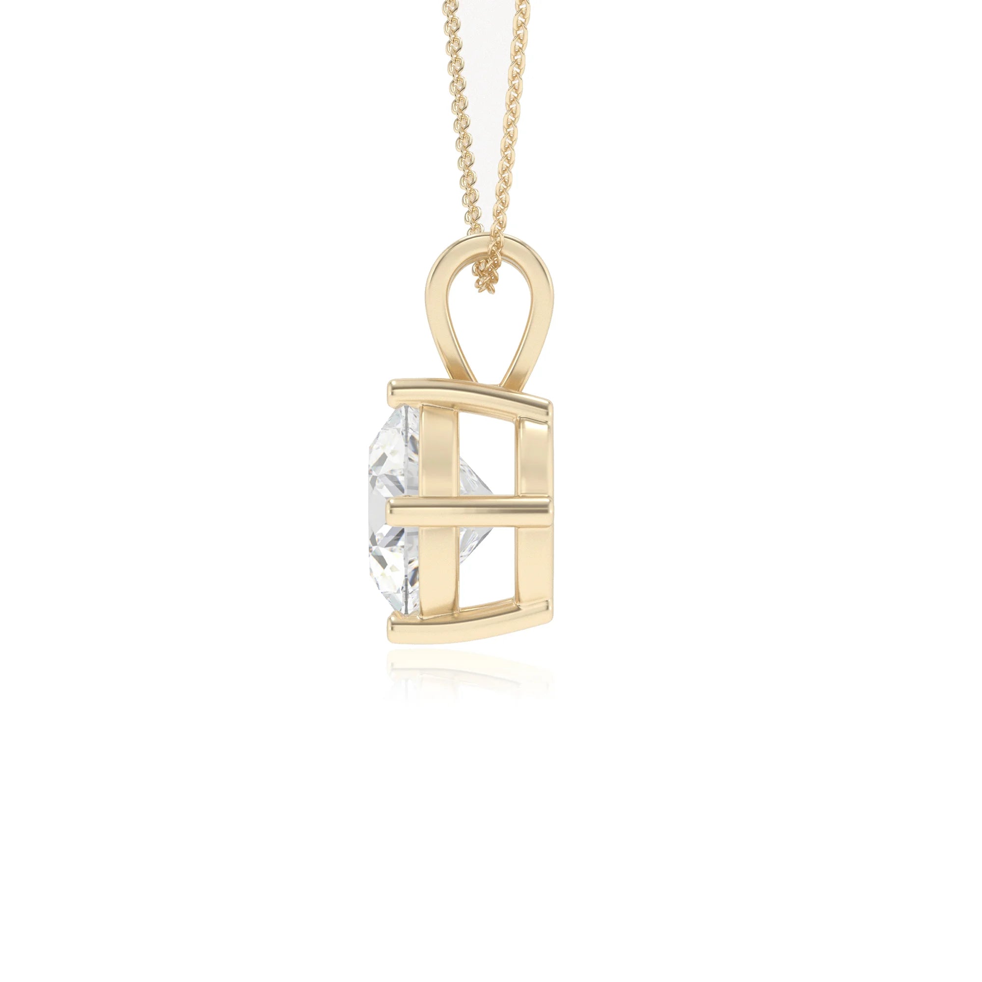 lab grown moissanite round solitaire v-bale necklaces in yellow gold 