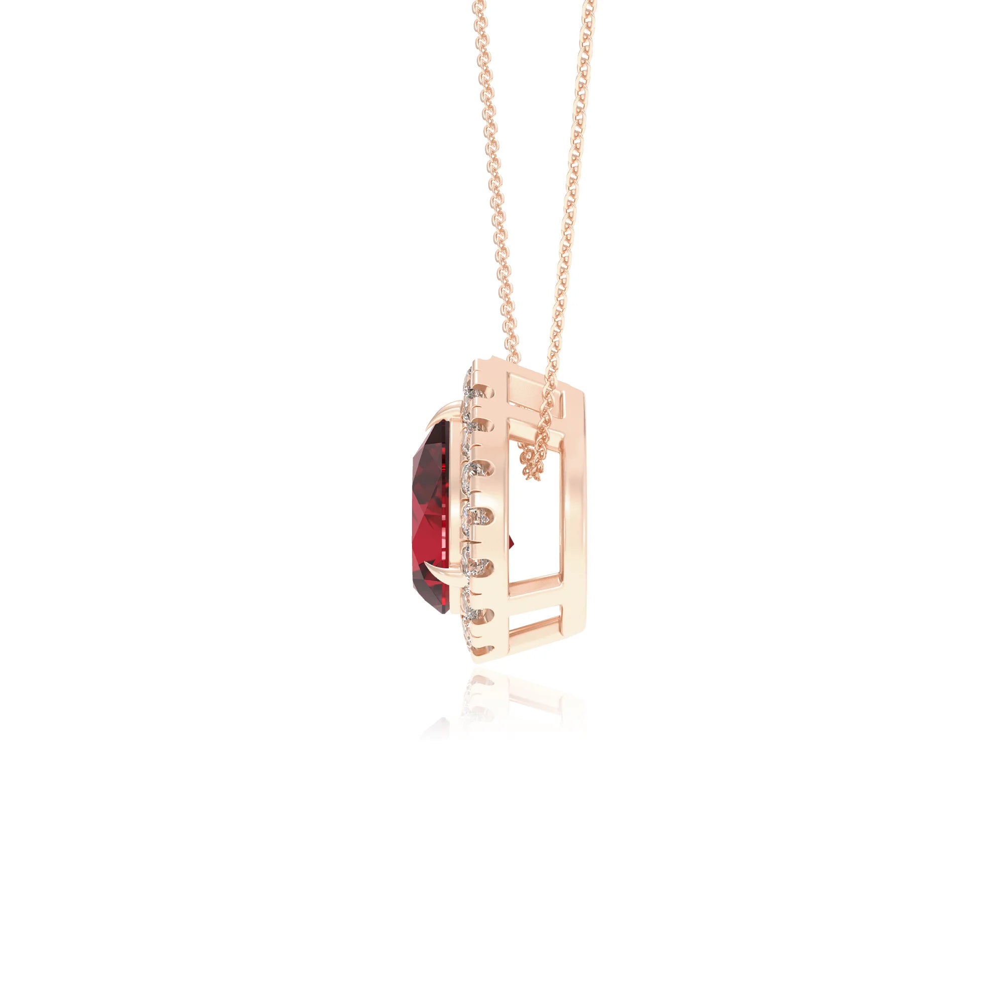 lab grown ruby pear solitaire necklaces in rose gold 