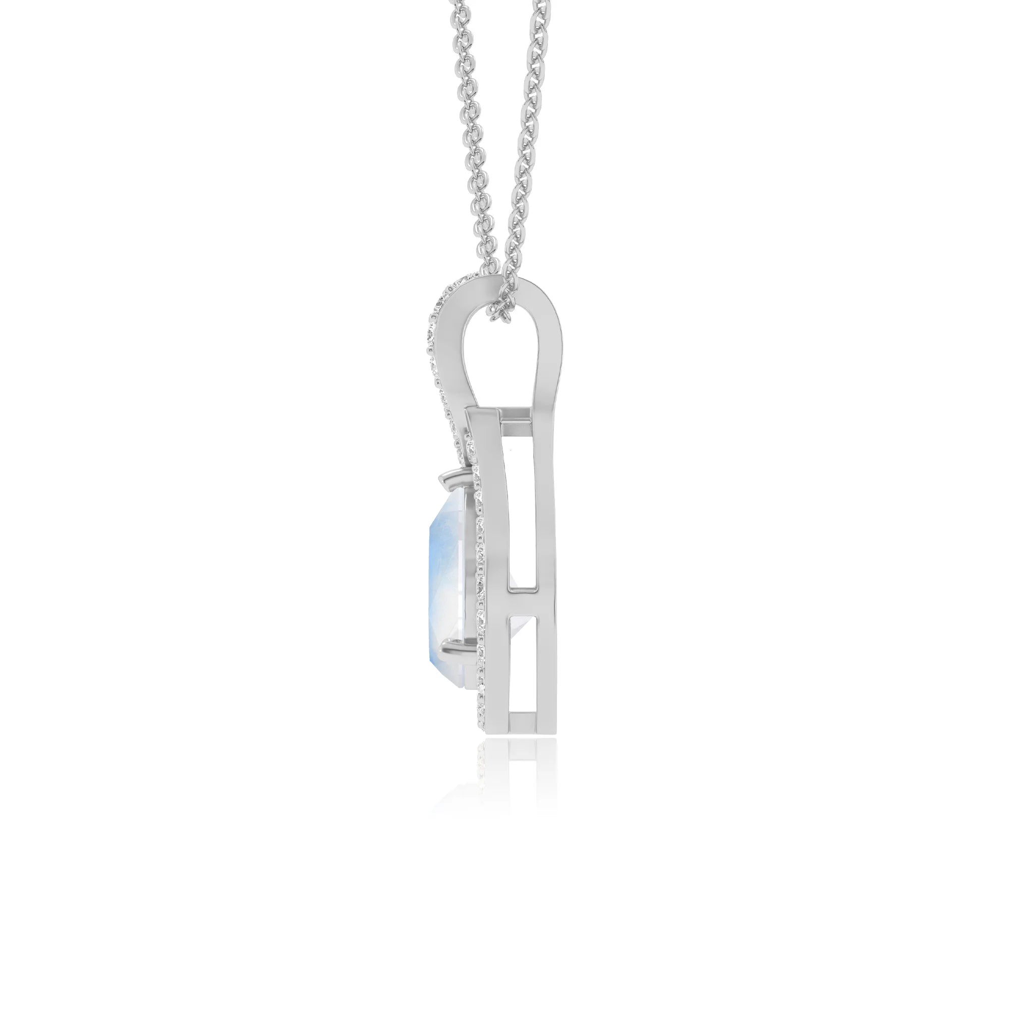 natural rainbow-moonstone pear solitaire necklaces in platinum 