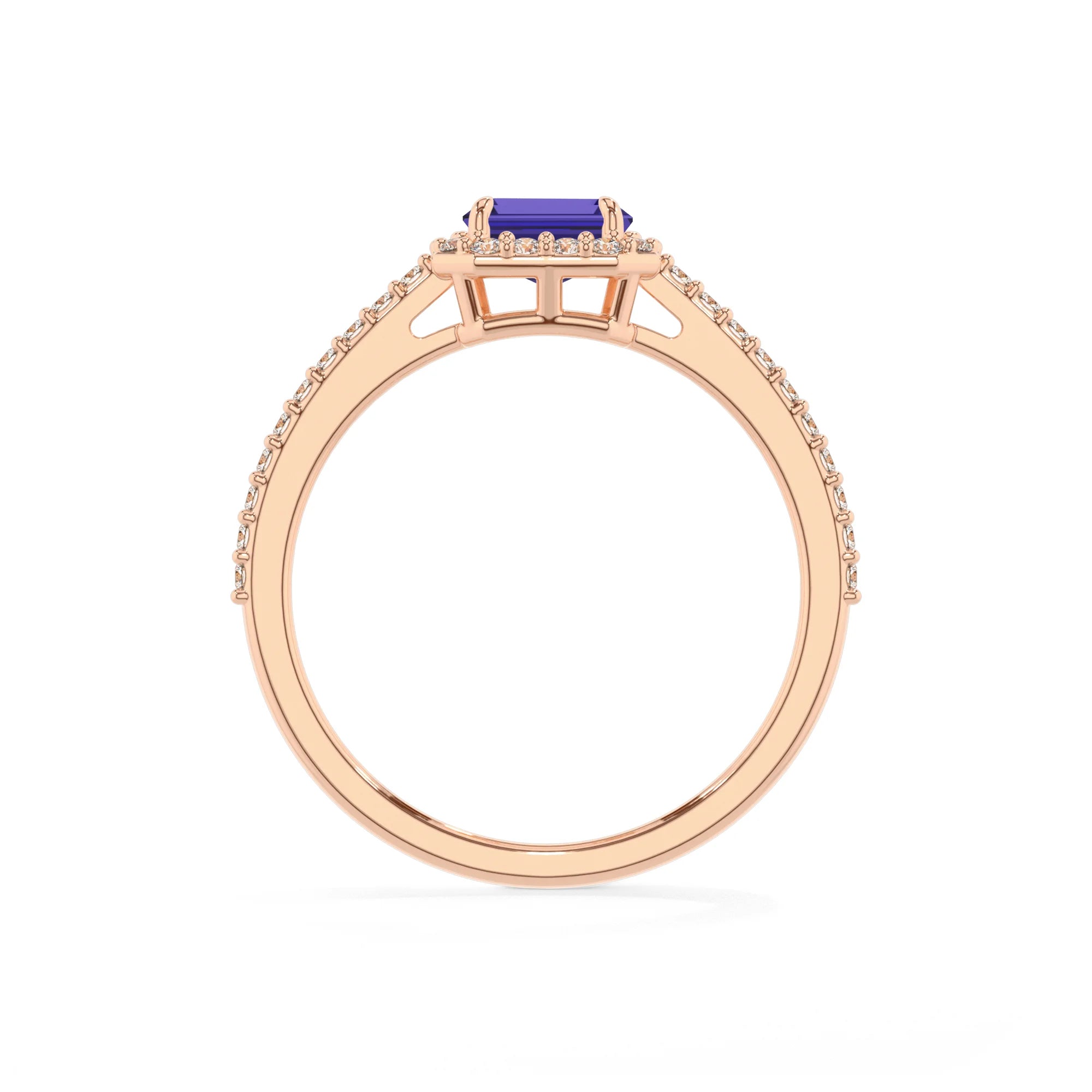 lab grown amethyst emerald cut solitaire rings in rose gold 