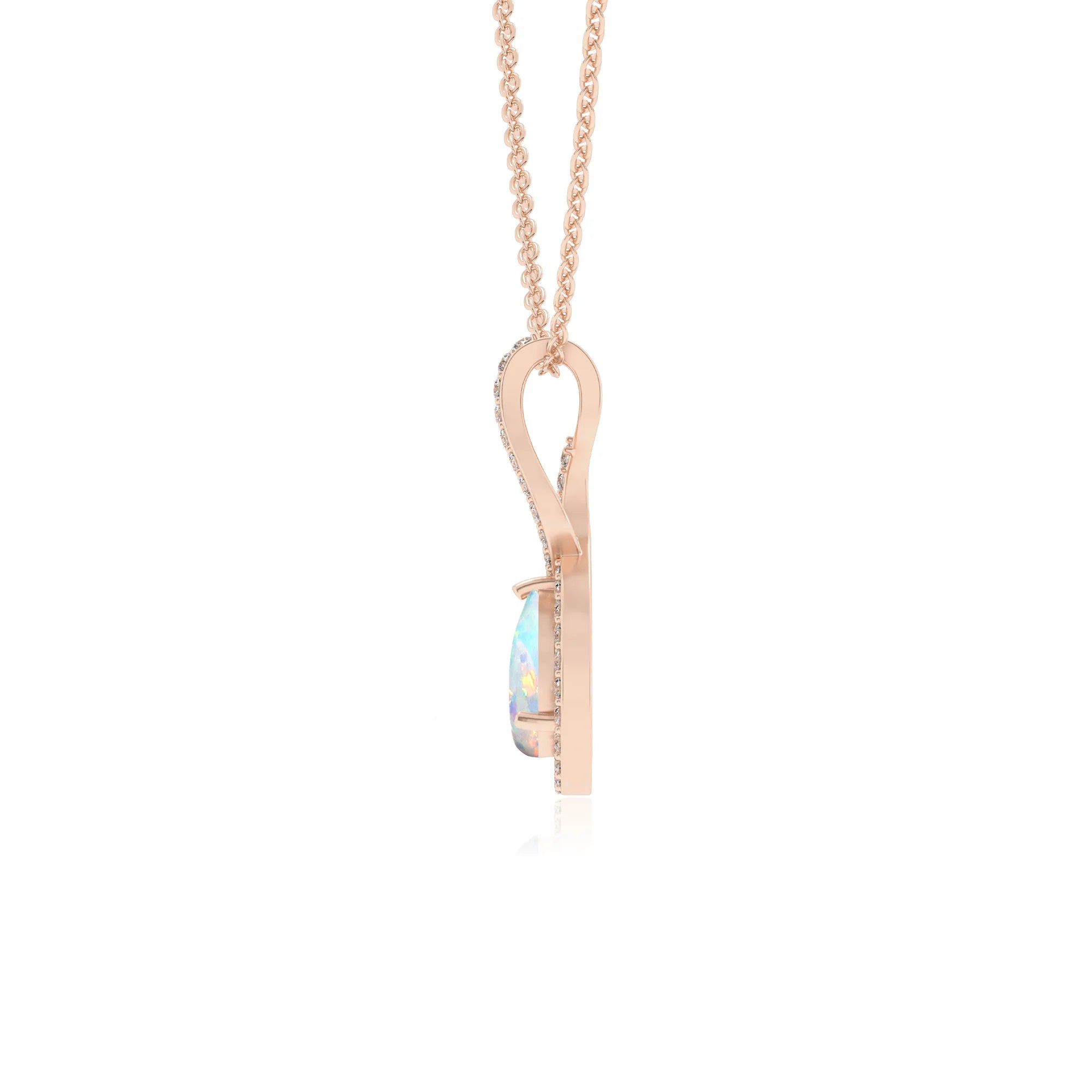 lab grown opal pear necklaces in rose gold 