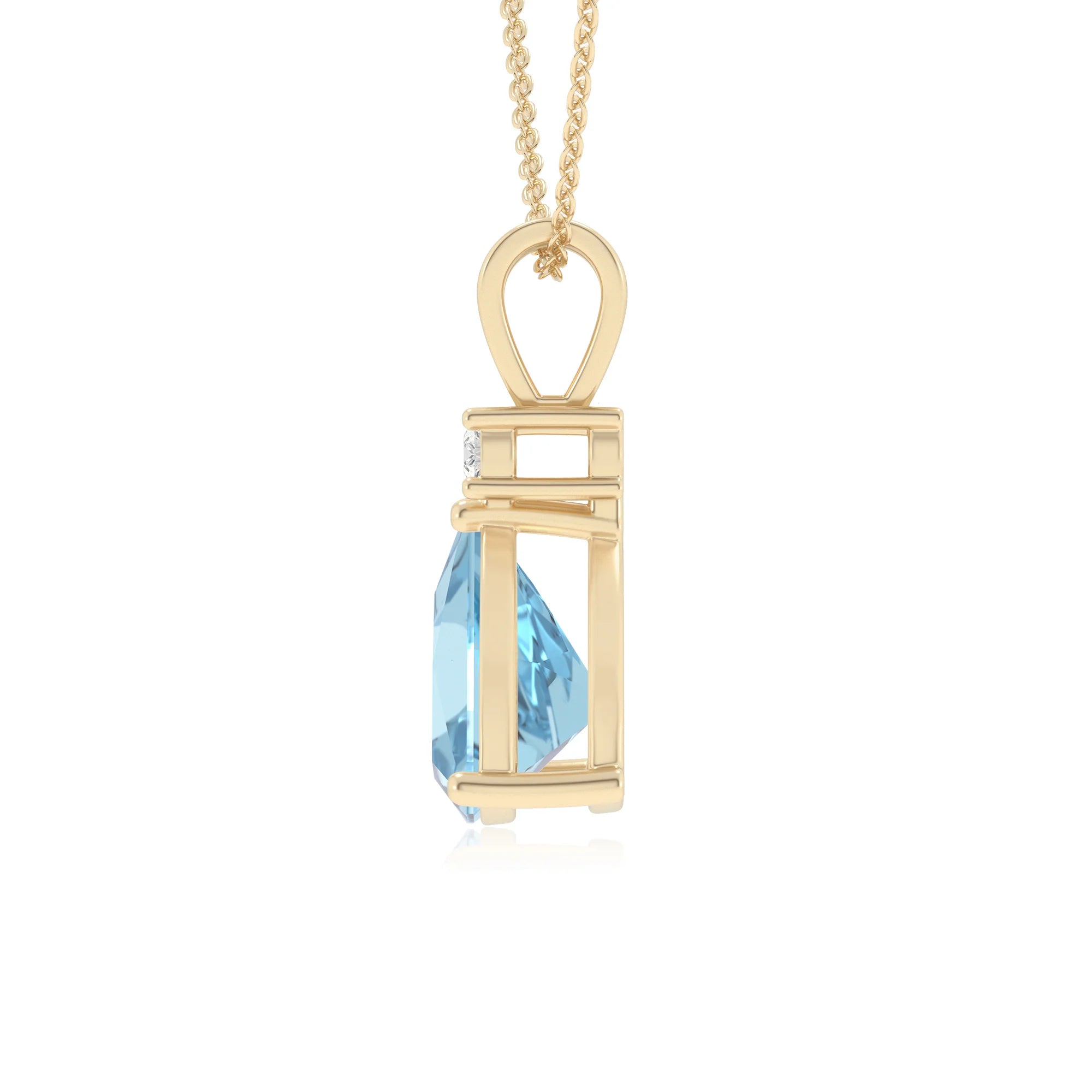 lab grown aquamarine trillion solitaire v-bale necklaces in yellow gold 