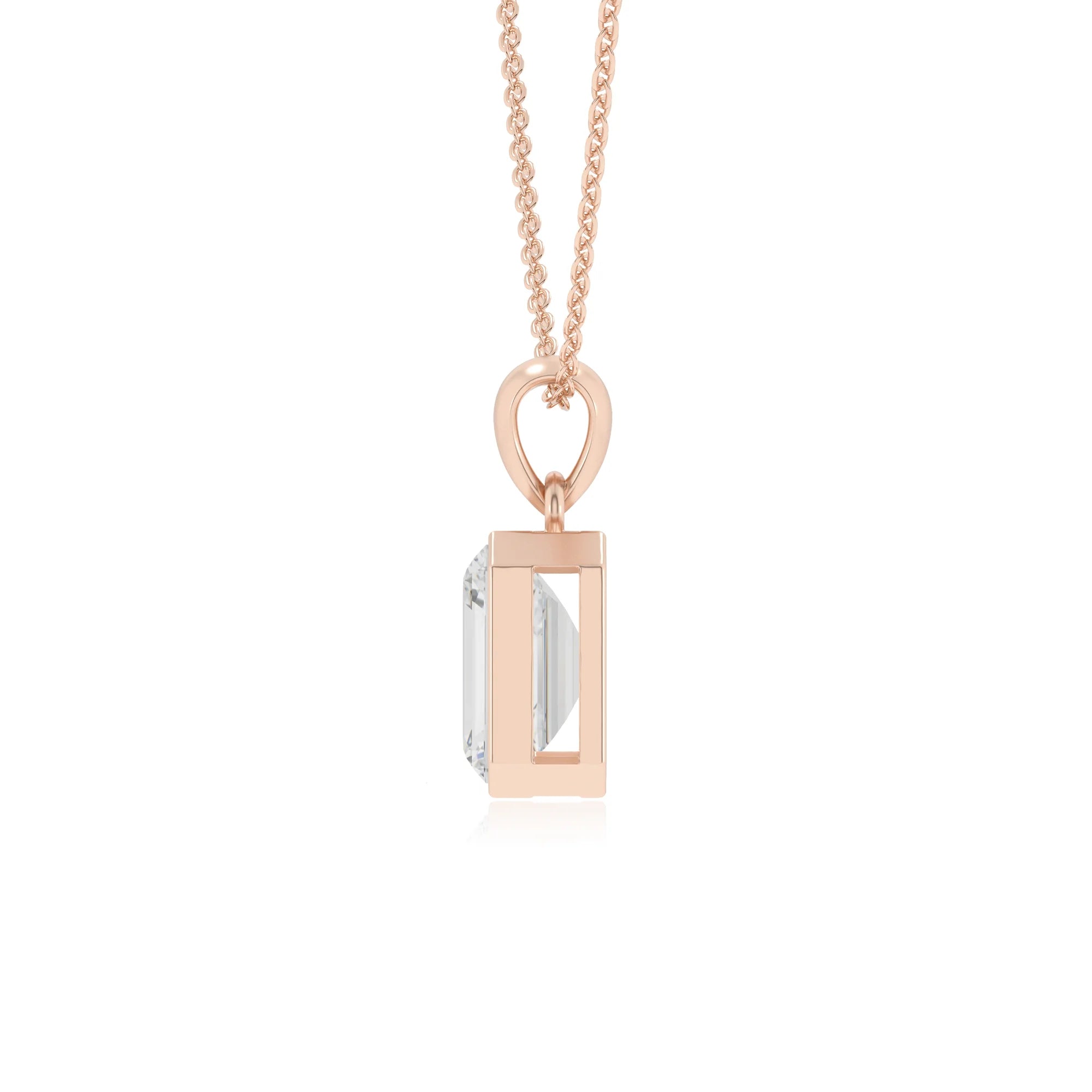 lab grown moissanite emerald cut solitaire necklaces in rose gold 