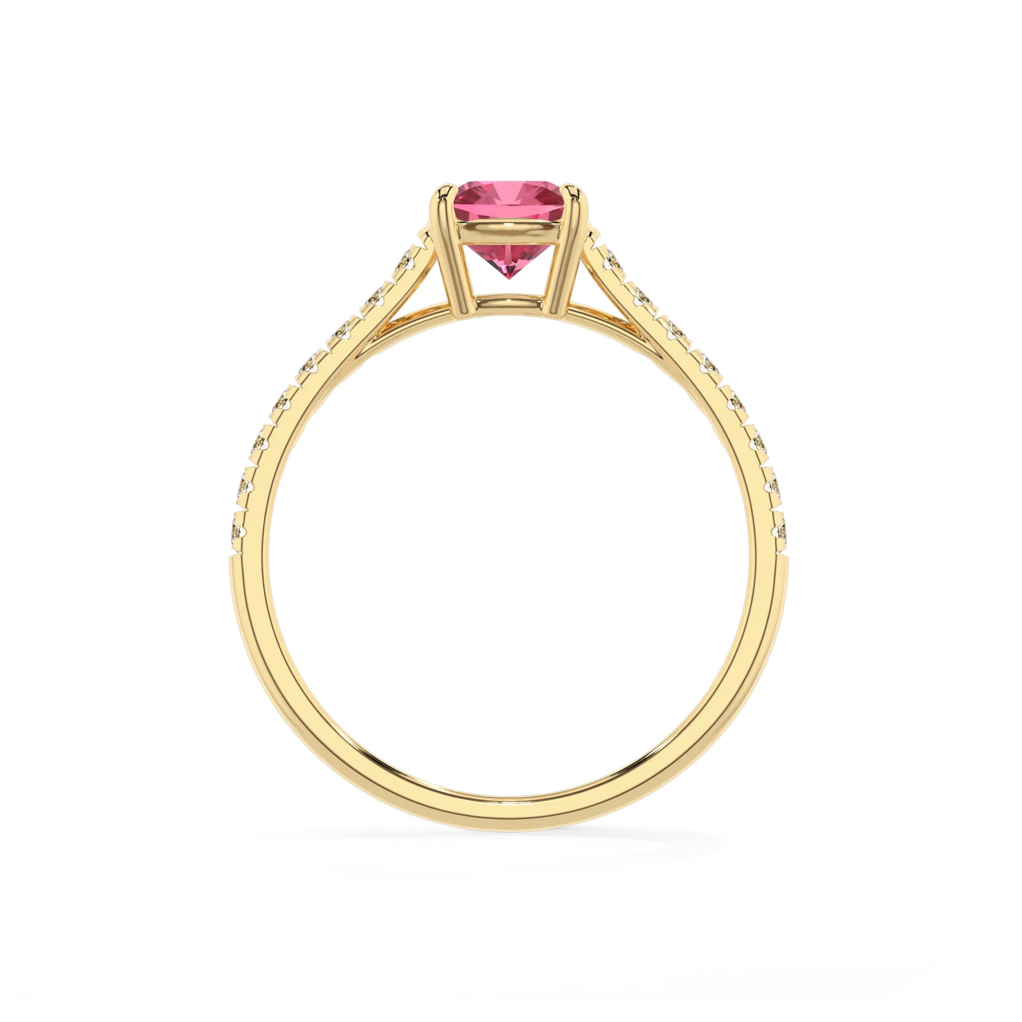 lab grown pink-tourmaline cushion half eternity solitaire engagement rings in yellow gold 