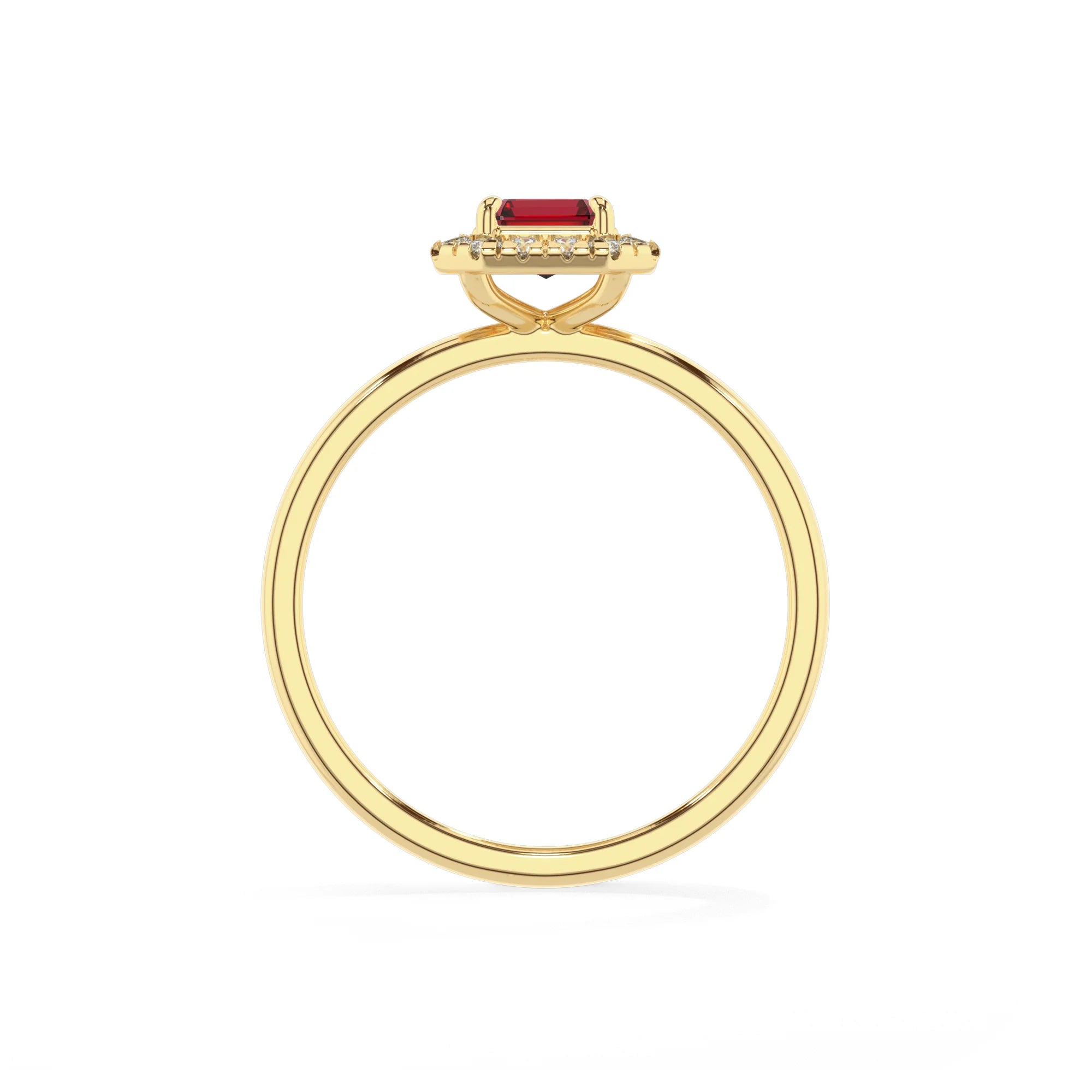 lab grown ruby emerald cut solitaire rings in yellow gold 