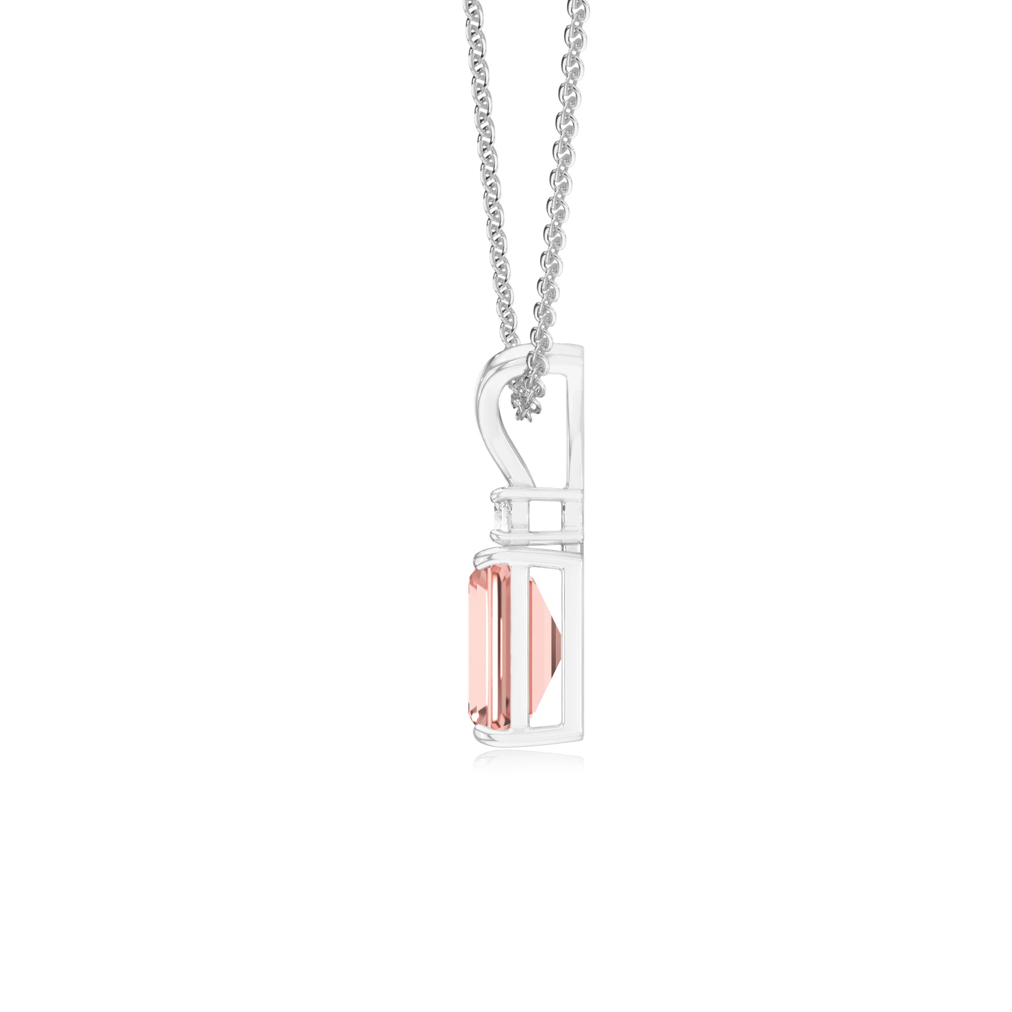 lab grown morganite emerald cut solitaire v-bale necklaces in white gold 