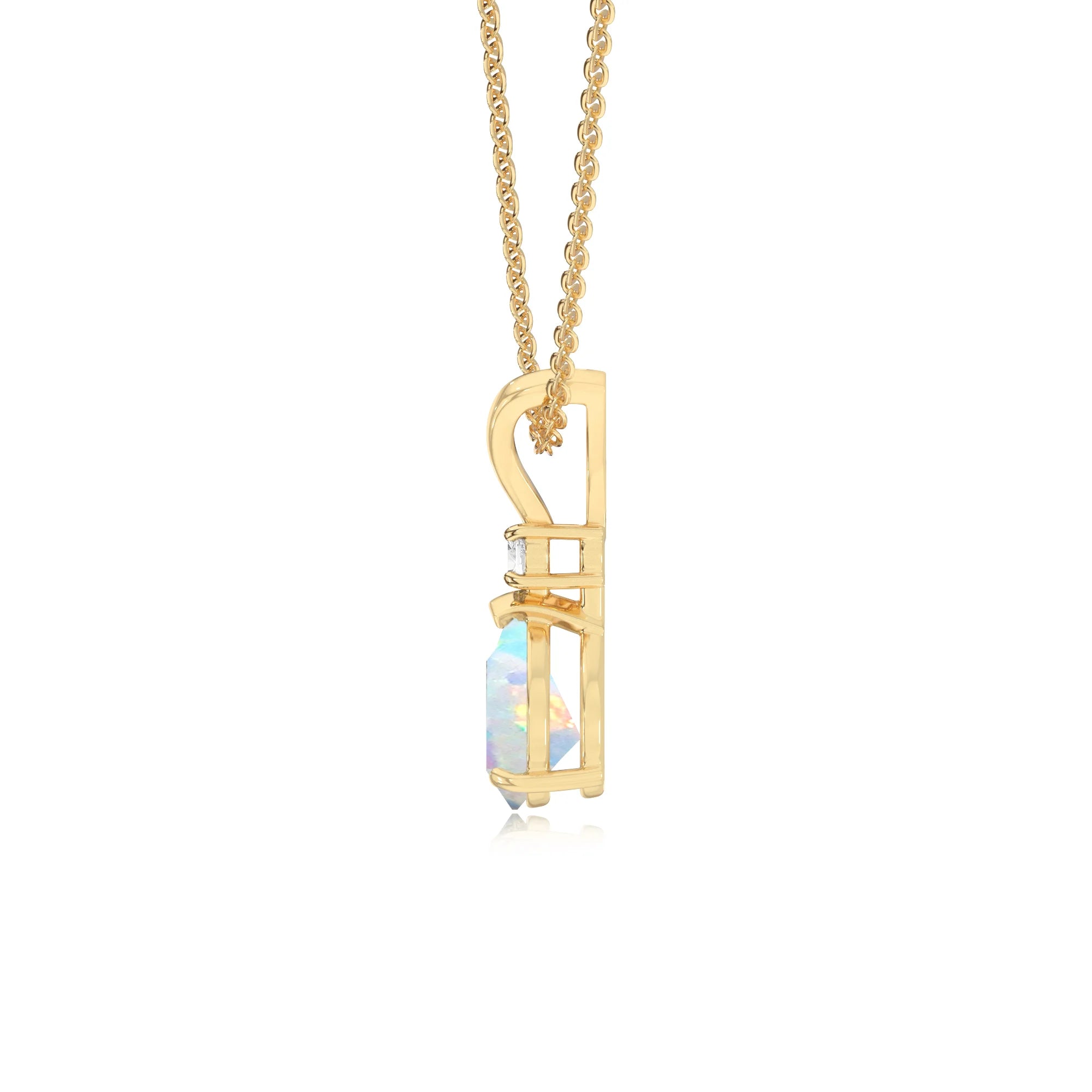lab grown opal pear solitaire v-bale necklaces in yellow gold 