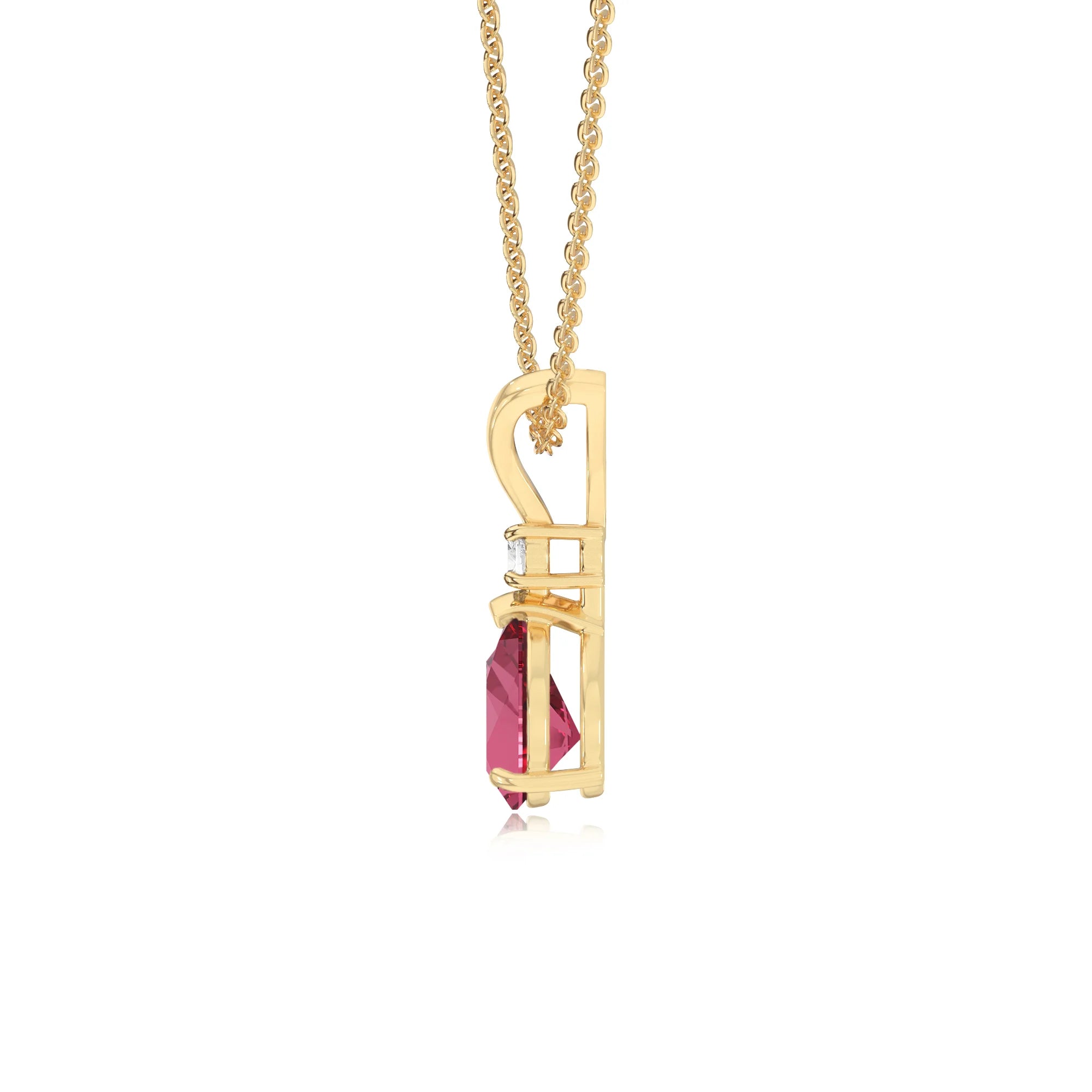 lab grown pink-tourmaline pear solitaire v-bale necklaces in yellow gold 