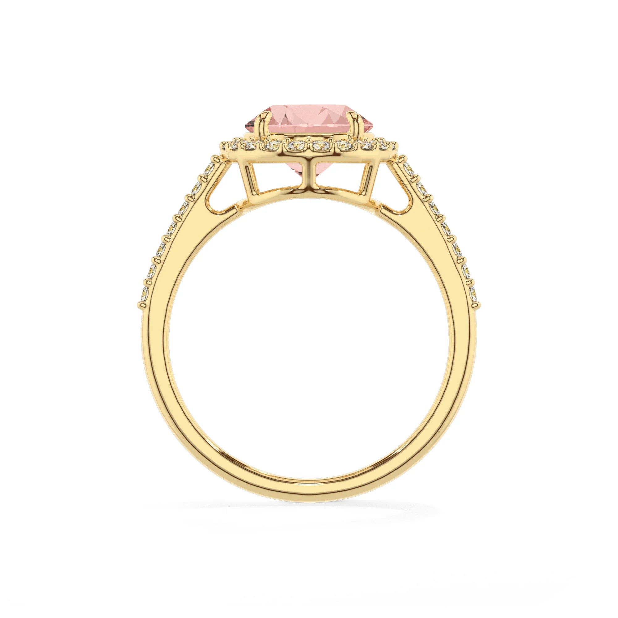 lab grown morganite round solitaire rings in yellow gold 