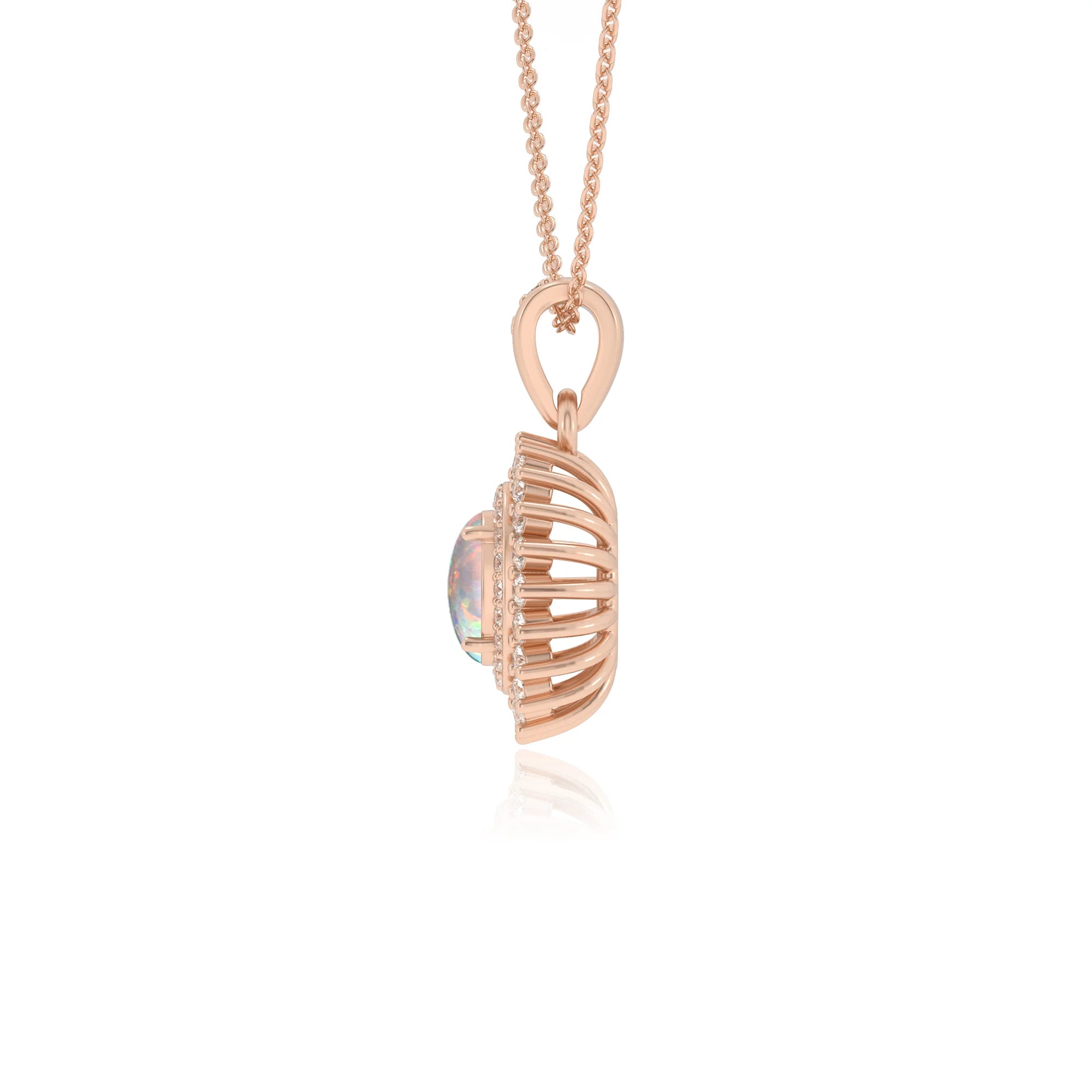 lab grown opal oval halo necklaces in rose gold 
