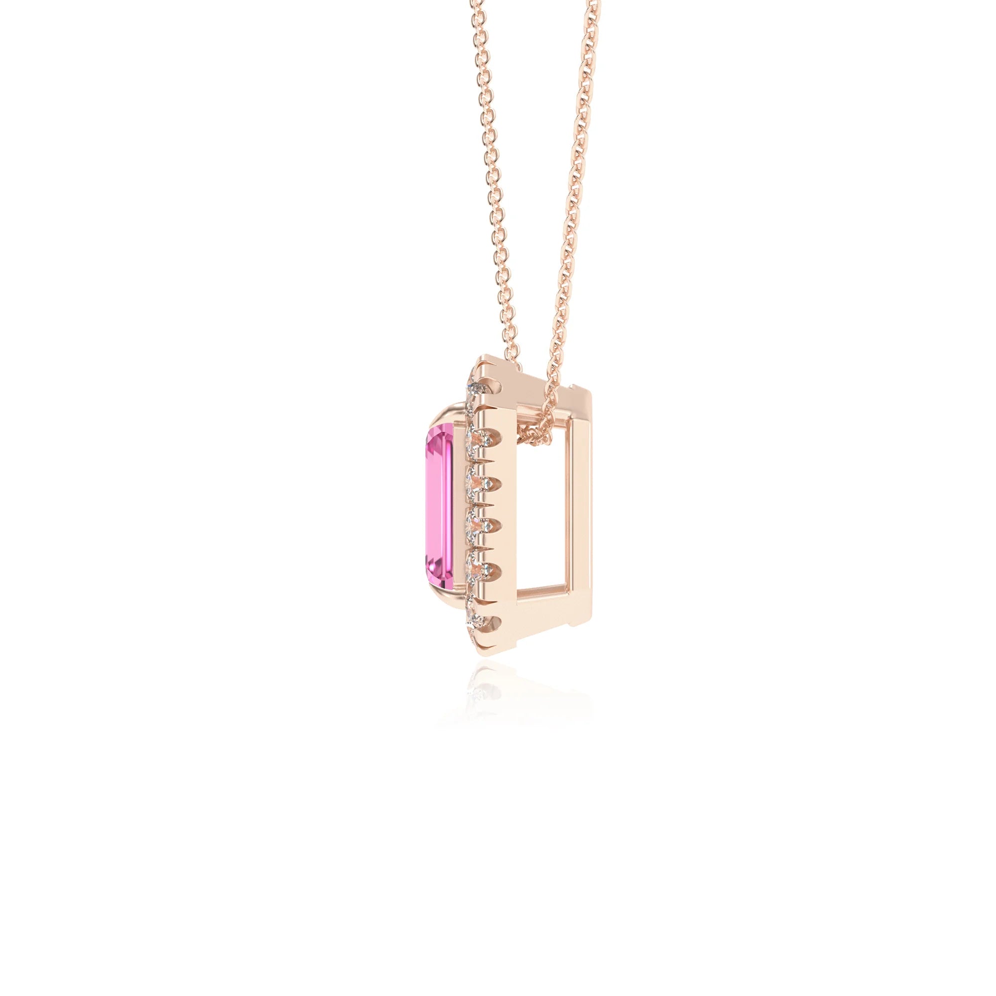 lab grown pink sapphire emerald cut solitaire necklaces in rose gold 