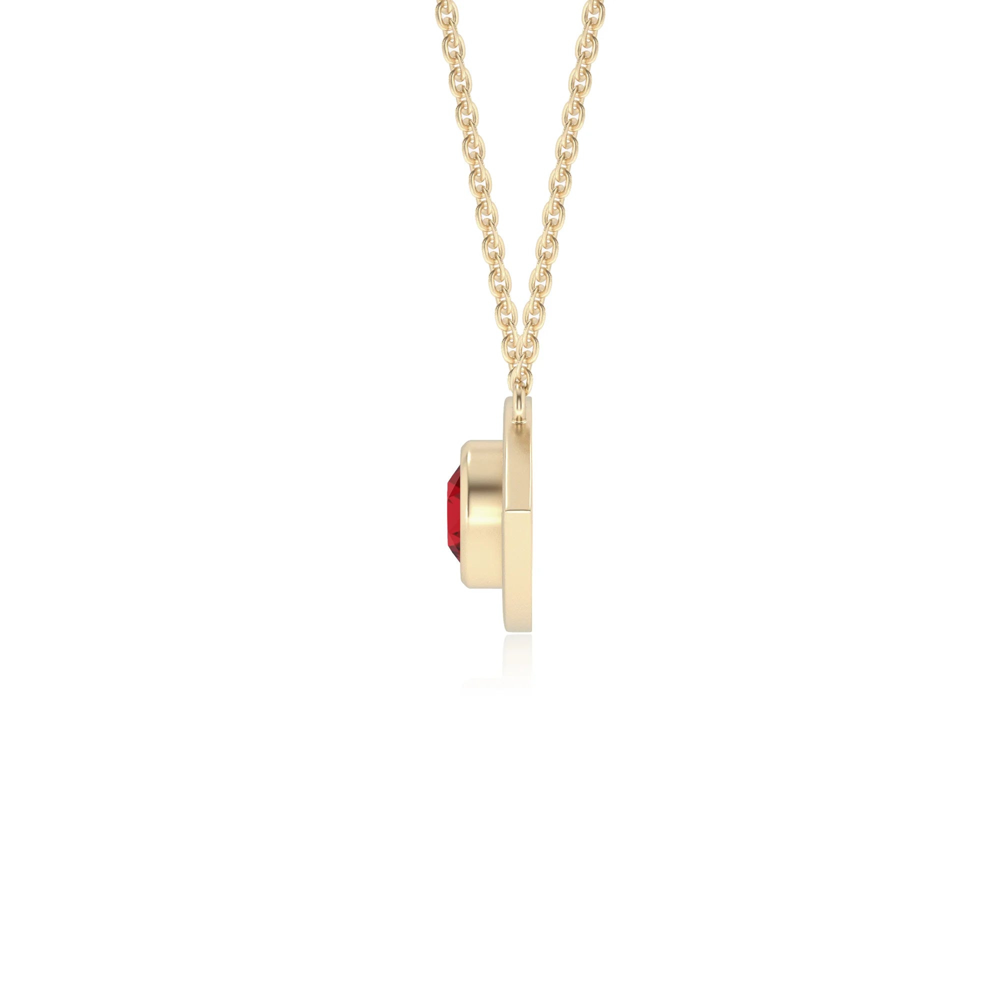 lab grown ruby round solitaire necklaces in yellow gold 