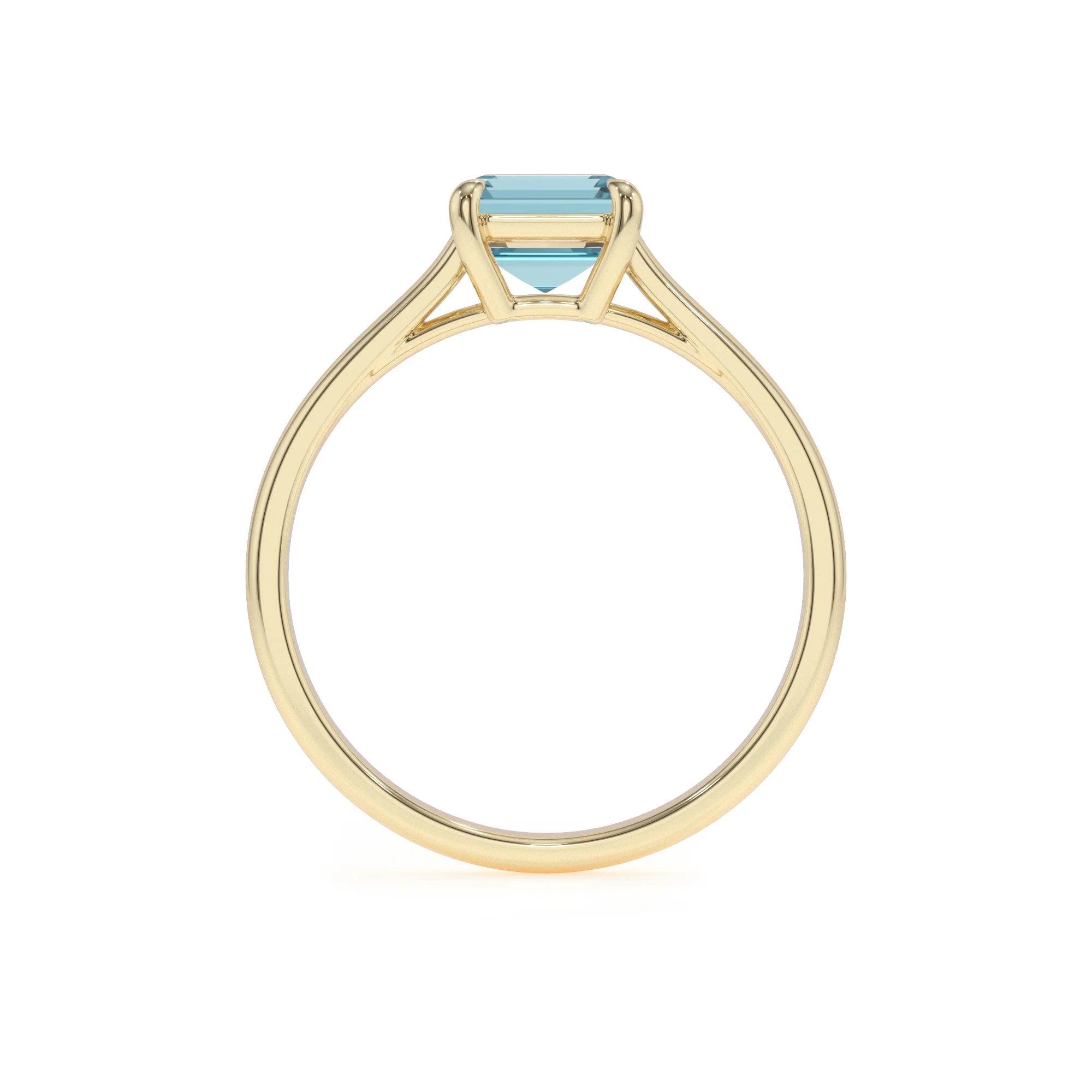 lab grown aquamarine emerald cut solitaire rings in yellow gold 