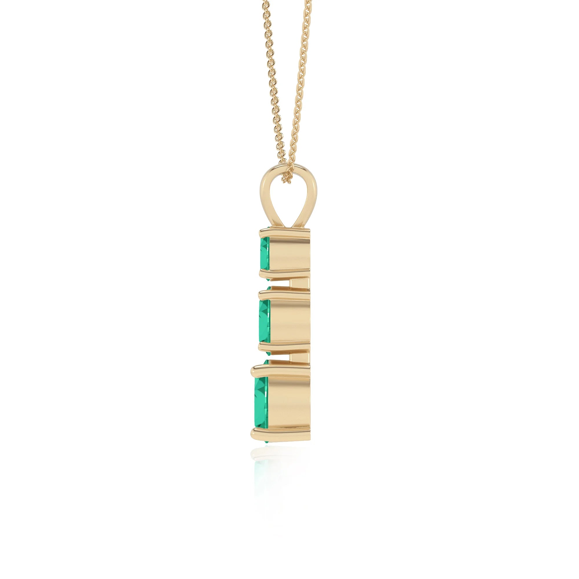 lab grown emerald round bar v-bale necklaces in yellow gold 