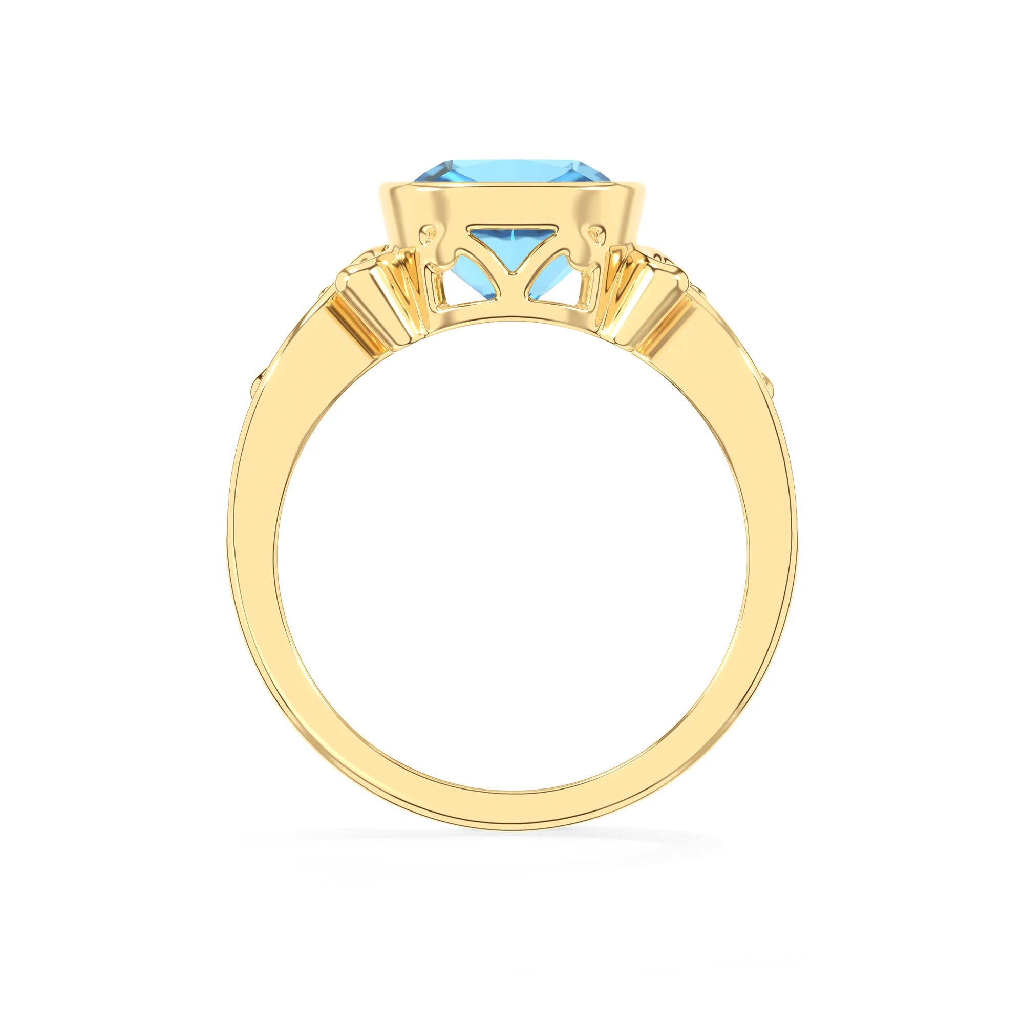 natural swiss-blue-topaz cushion solitaire rings in yellow gold 