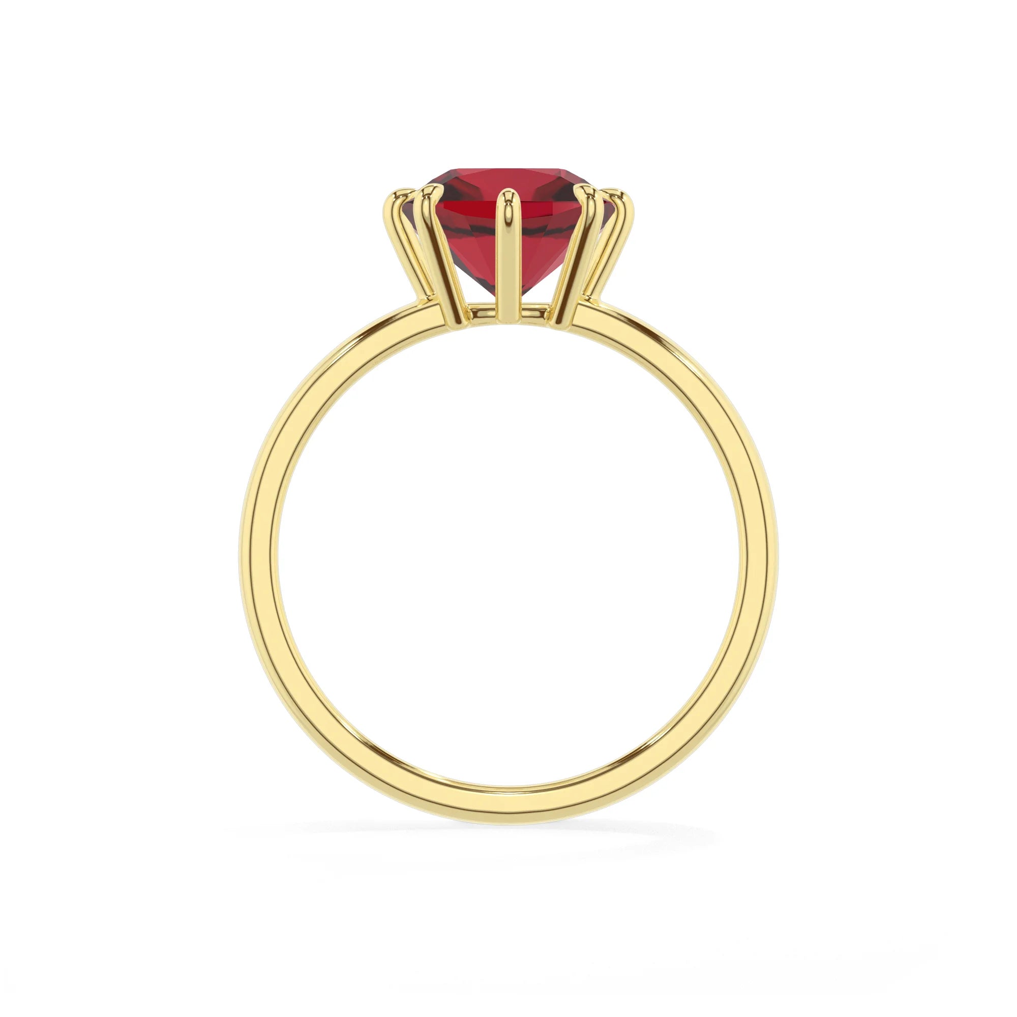 lab grown ruby cushion solitaire rings in yellow gold 