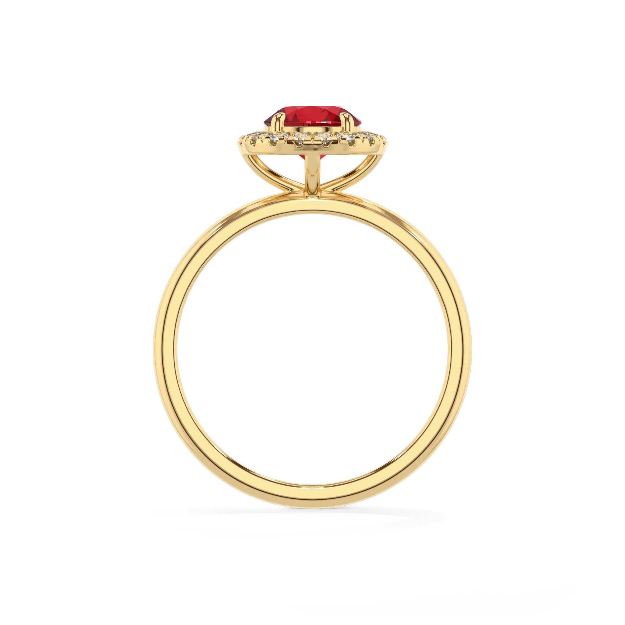 lab grown ruby round solitaire rings in yellow gold 