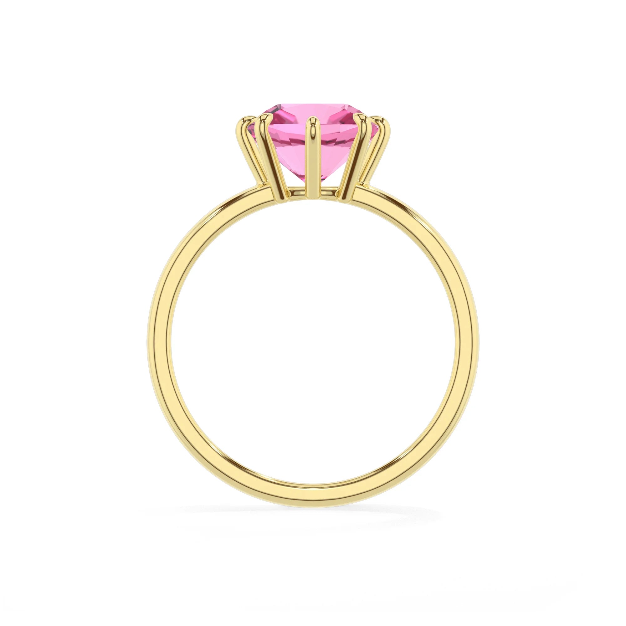 lab grown pink-sapphire cushion solitaire rings in yellow gold 