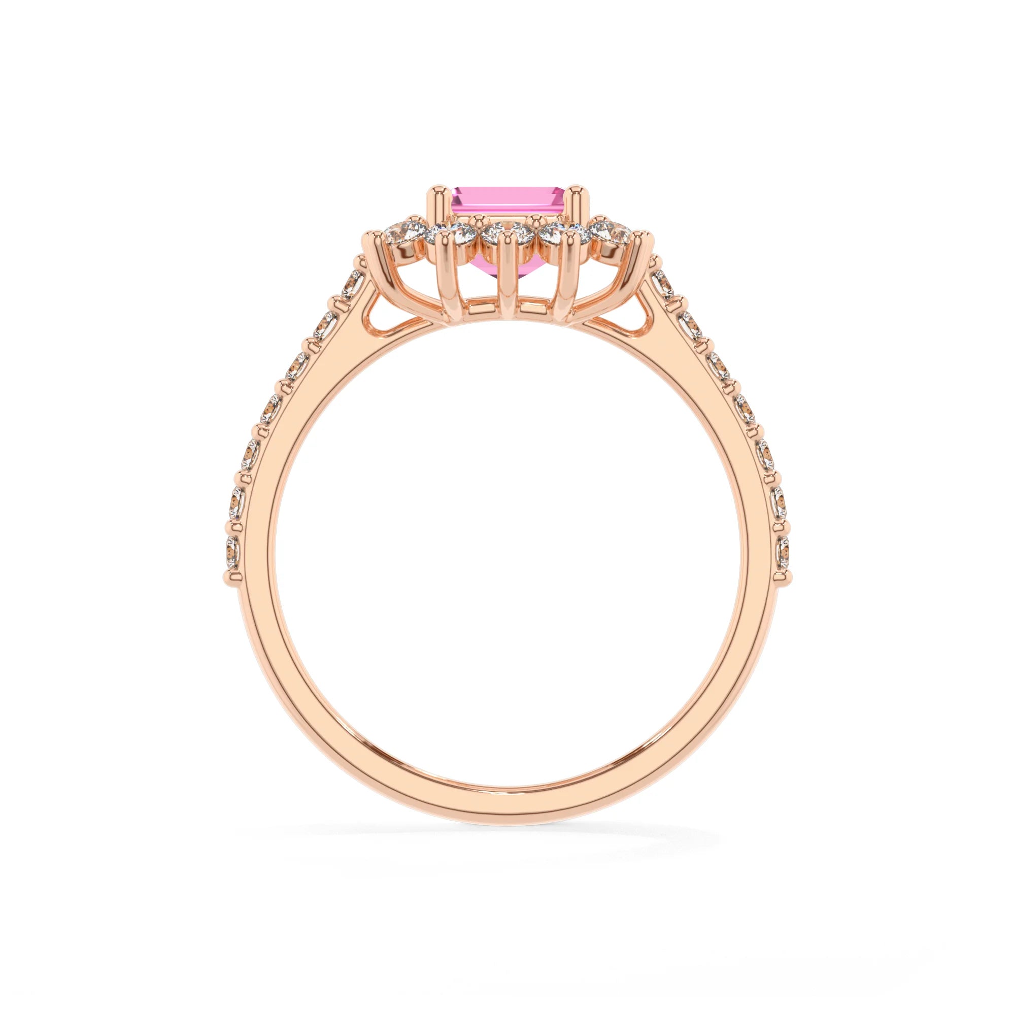 lab grown pink-sapphire emerald cut solitaire rings in rose gold 